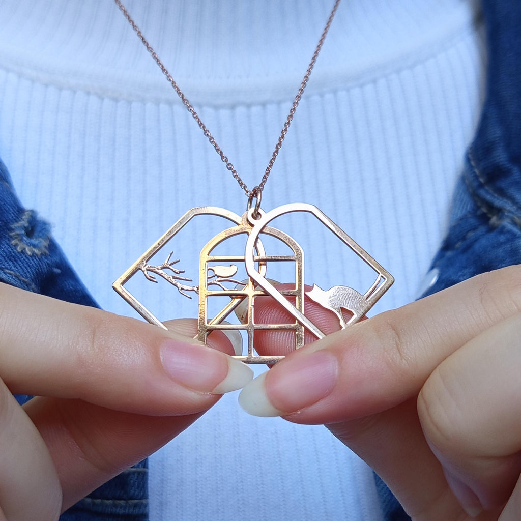 Rose Gold Sterling Silver Cat & Bird Necklace: Geometric Window Pendant