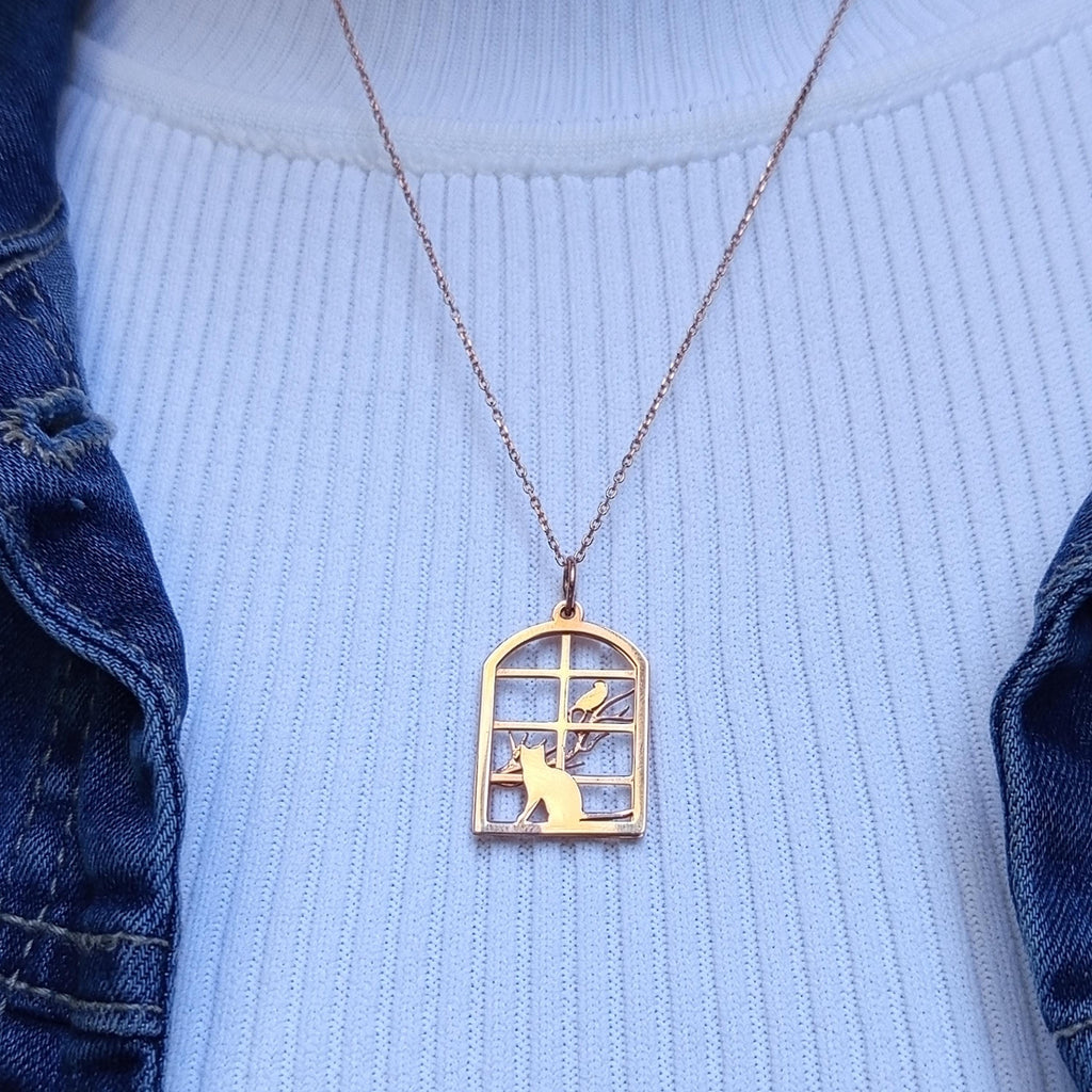 Rose Gold Sterling Silver Cat & Bird Necklace: Geometric Window Pendant