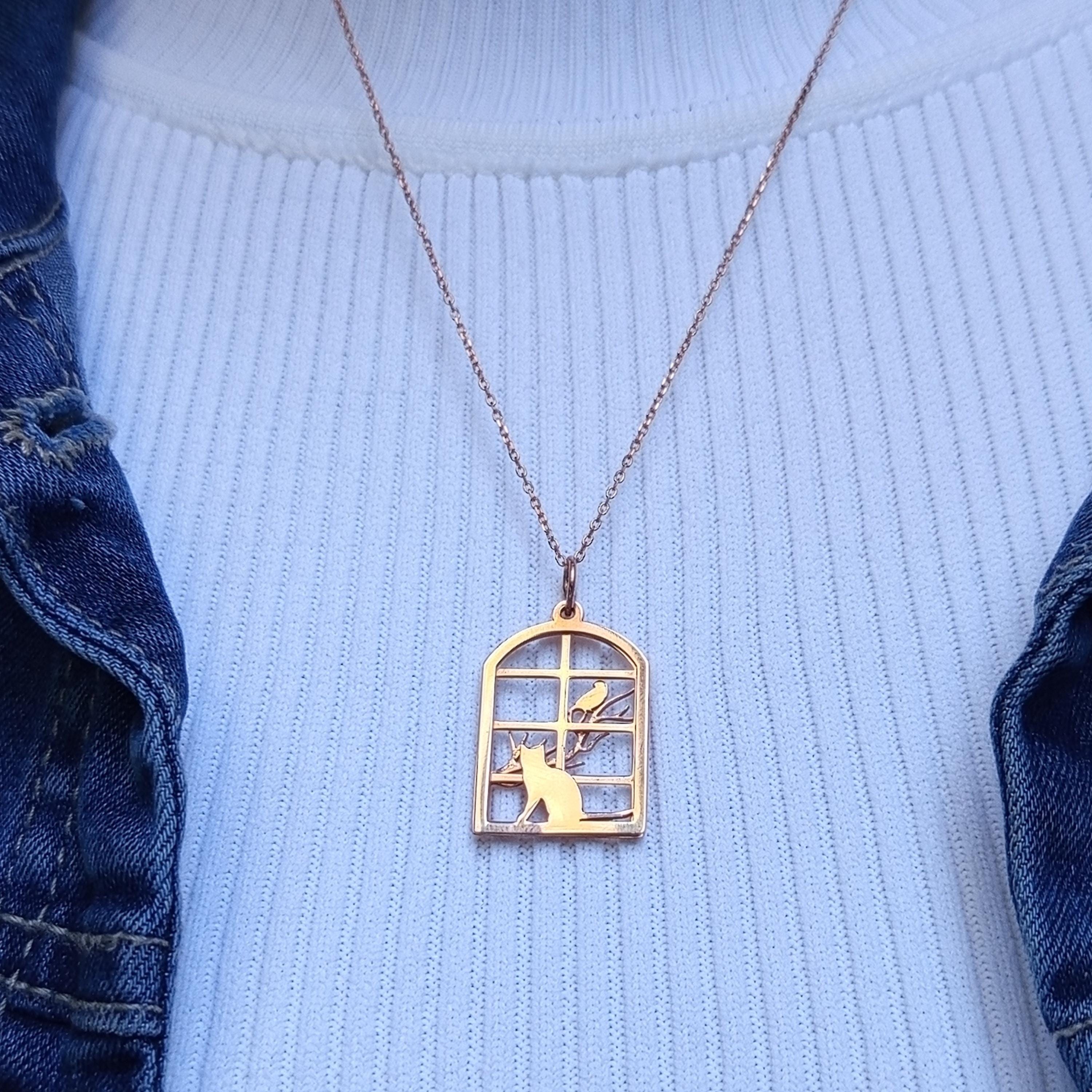 Rose Gold Sterling Silver Cat & Bird Necklace: Geometric Window Pendant