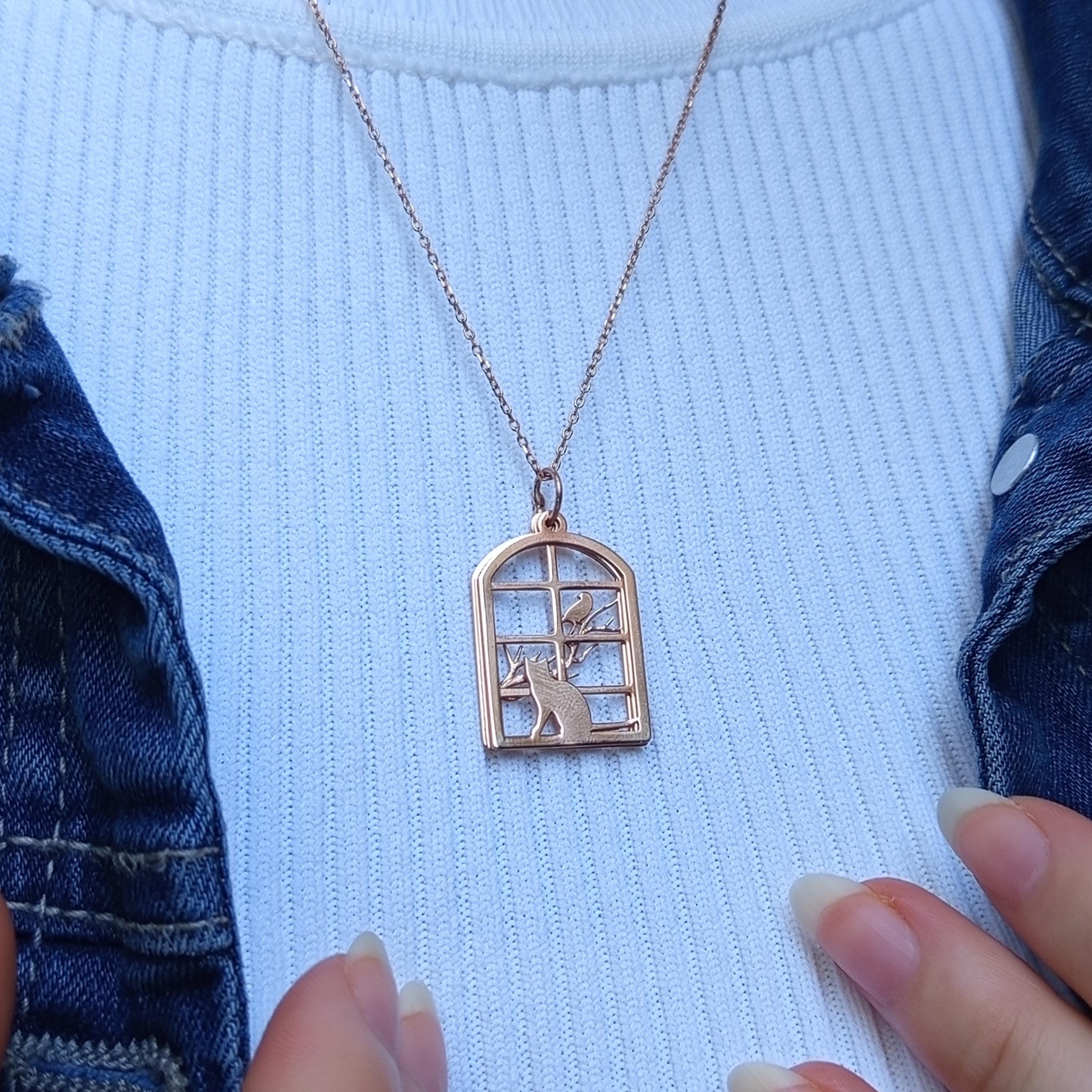 Rose Gold Sterling Silver Cat & Bird Necklace: Geometric Window Pendant