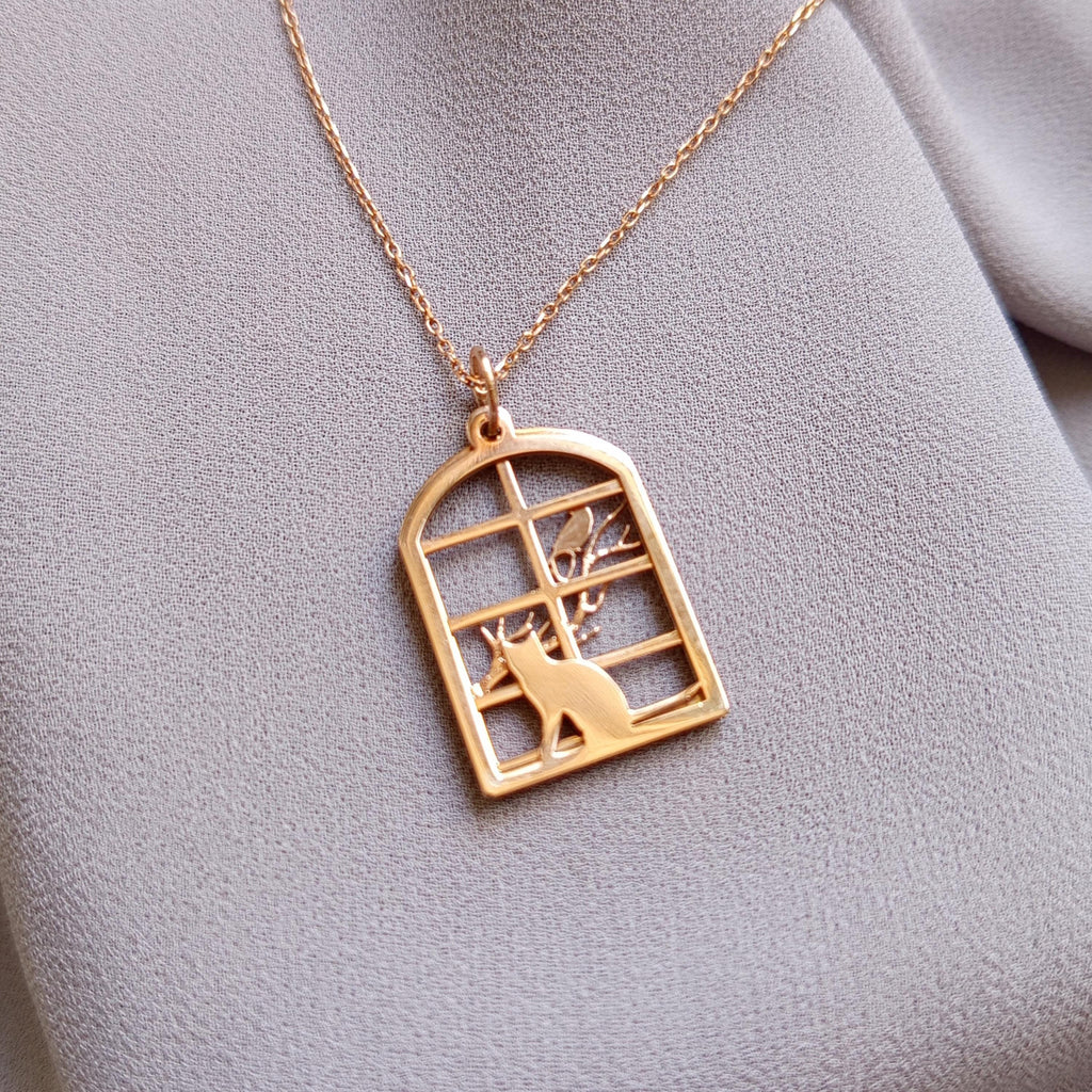 Rose Gold Sterling Silver Cat & Bird Necklace: Geometric Window Pendant