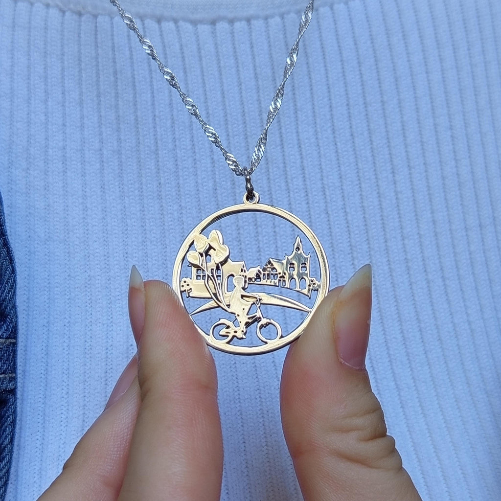 Sterling Silver Bicycle Necklace: City Skyline Pendant, Gift for Cyclist