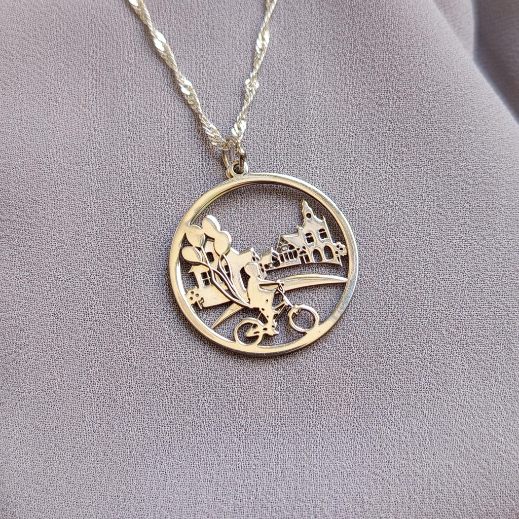 Sterling Silver Bicycle Necklace: City Skyline Pendant, Gift for Cyclist
