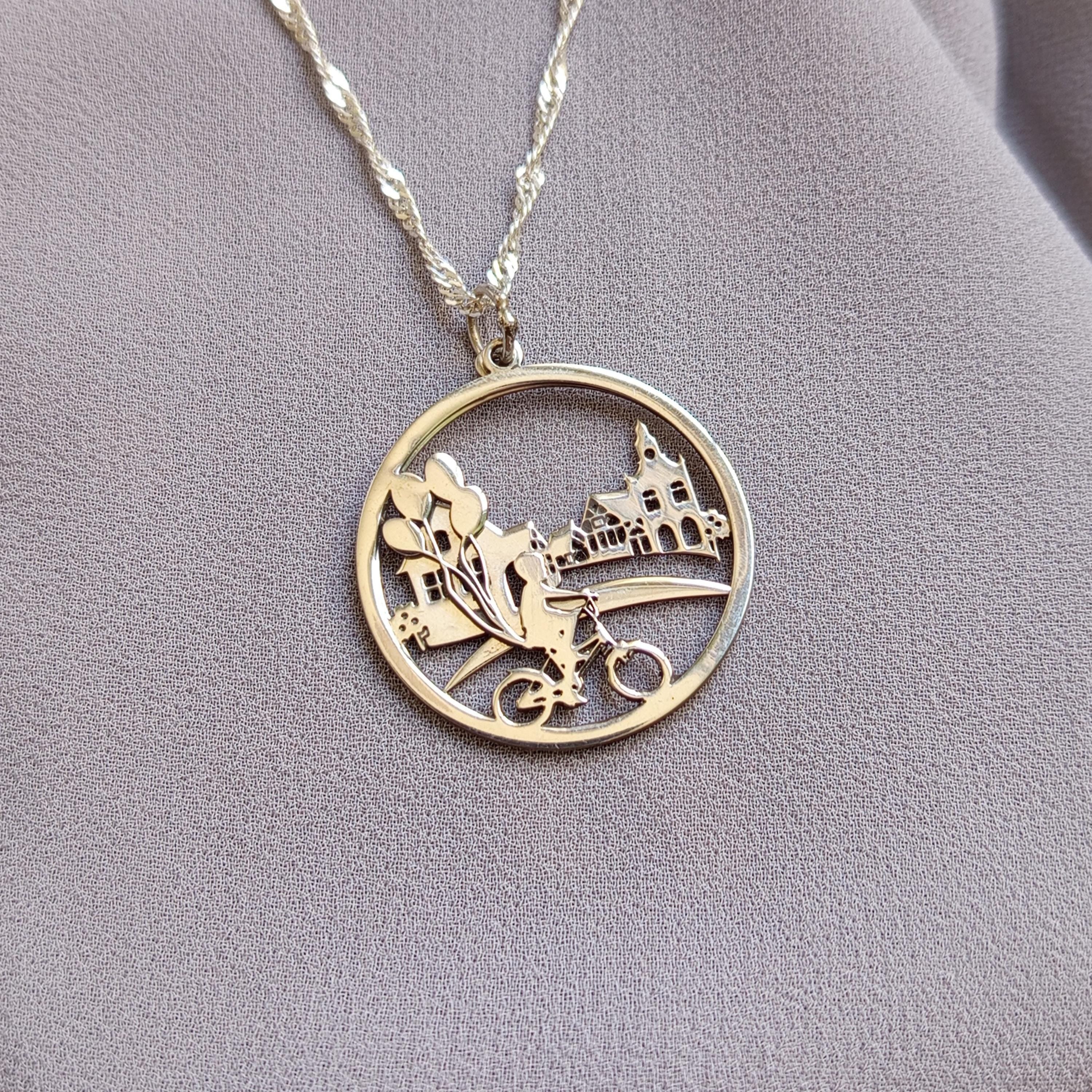 Sterling Silver Bicycle Necklace: City Skyline Pendant, Gift for Cyclist