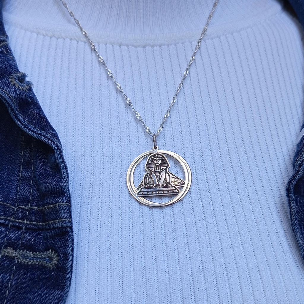 Sterling Silver Egypt Necklace: Sphinx & Pyramid Pendant - Ancient Jewelry