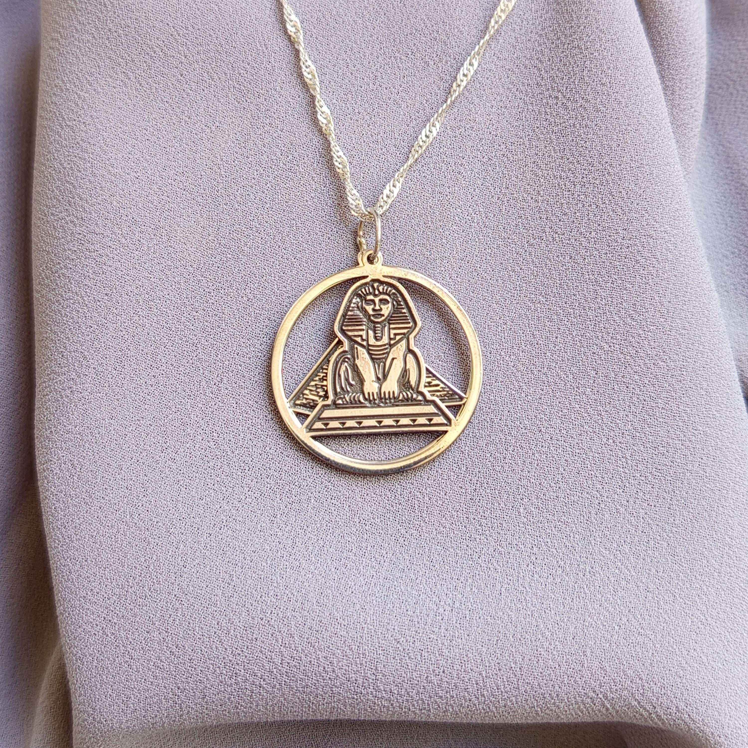 Sterling Silver Egypt Necklace: Sphinx & Pyramid Pendant - Ancient Jewelry