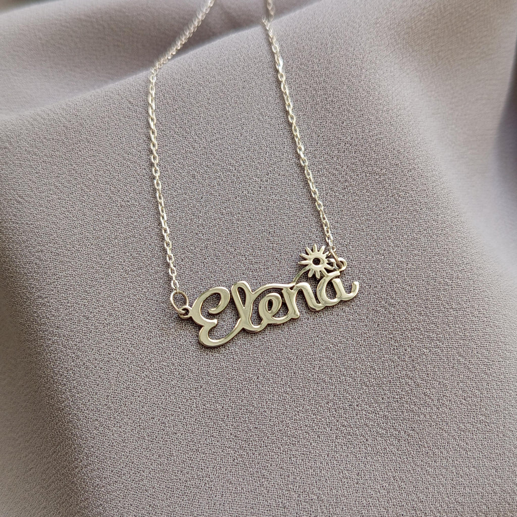 Custom Sterling Silver Name Necklace: Script Font, Floral Accent