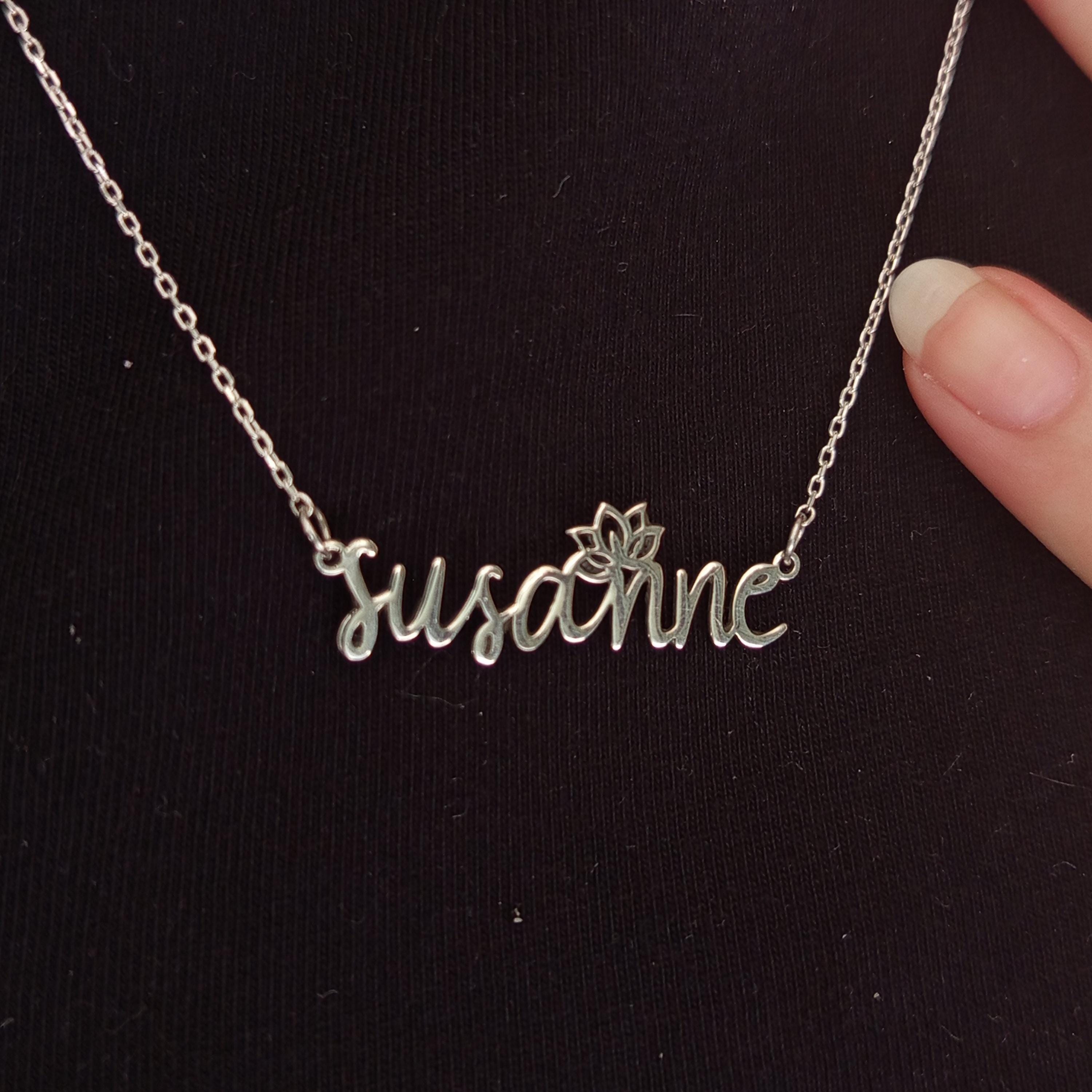 Personalized Sterling Silver Name Necklace: Lotus Flower Pendant, Script Font