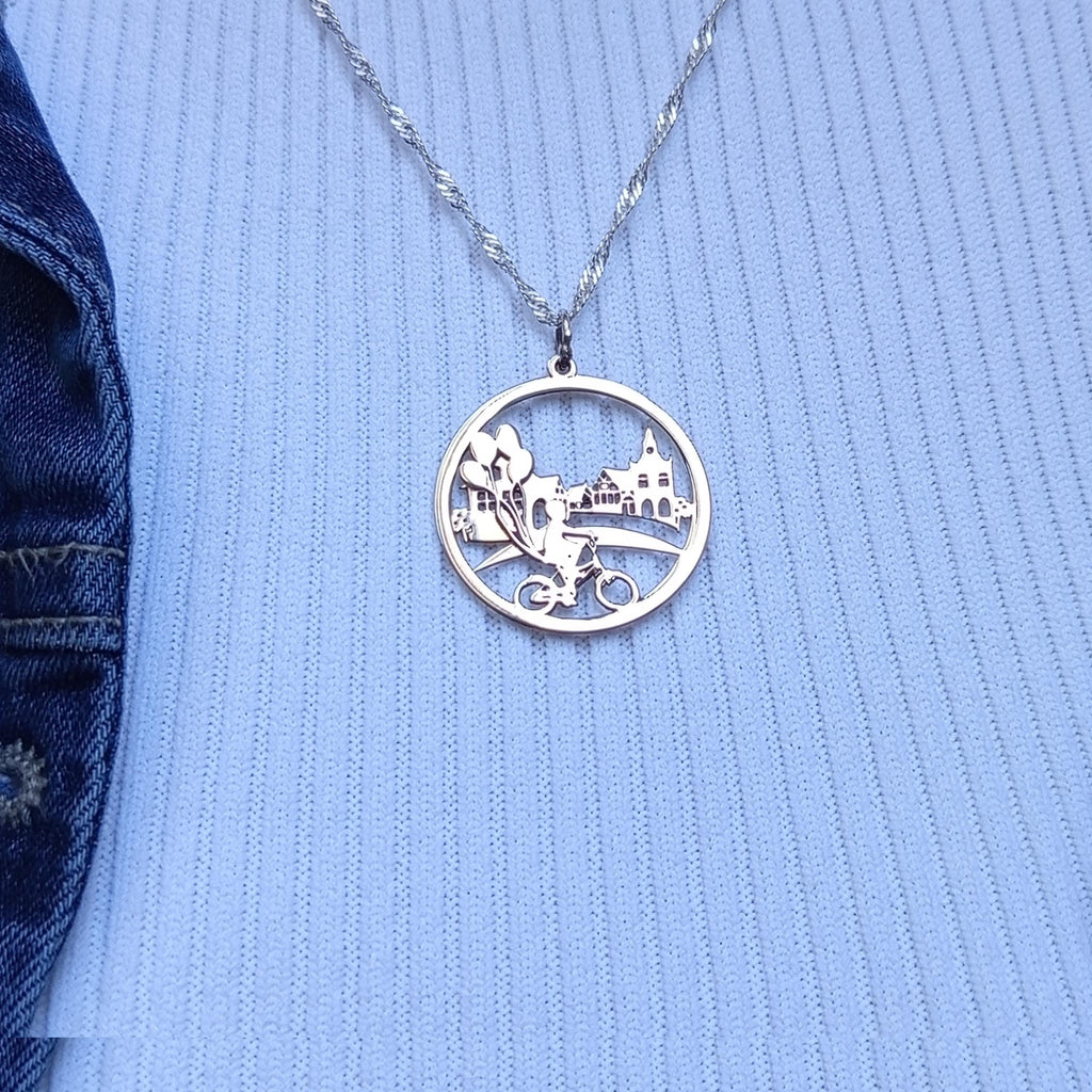 Sterling Silver Bicycle Necklace: City Skyline Pendant, Gift for Cyclist