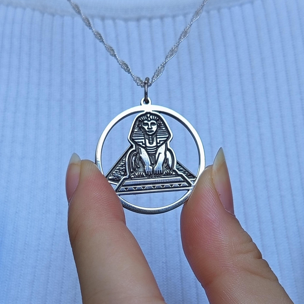 Sterling Silver Egypt Necklace: Sphinx & Pyramid Pendant - Ancient Jewelry