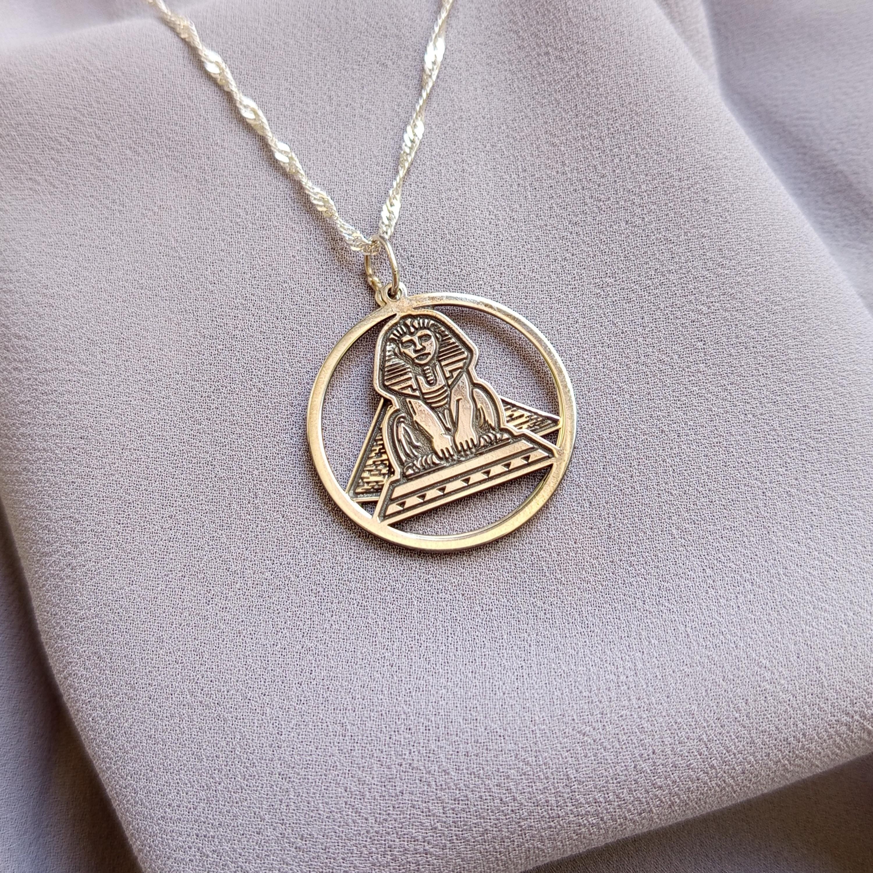 Sterling Silver Egypt Necklace: Sphinx & Pyramid Pendant - Ancient Jewelry