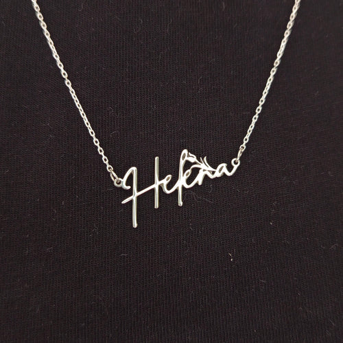 Custom Sterling Silver Name Necklace: Script Font, Floral Accent