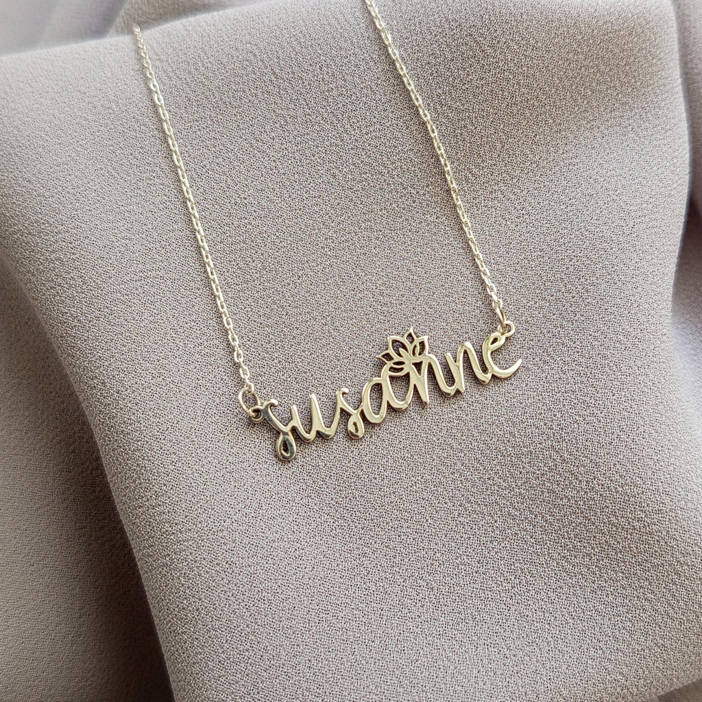 Personalized Sterling Silver Name Necklace: Lotus Flower Pendant, Script Font