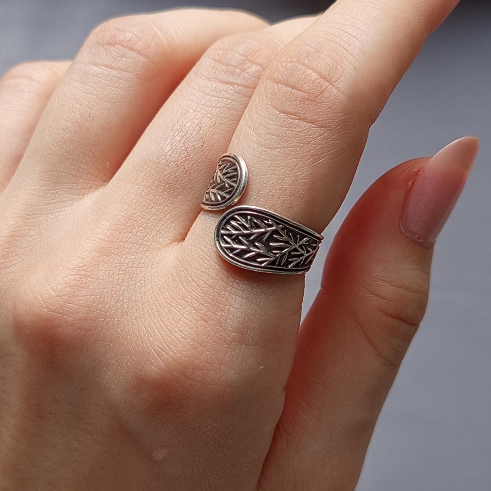 Sterling Silver Leaf Ring - Handcrafted Adjustable Botanical Jewelry