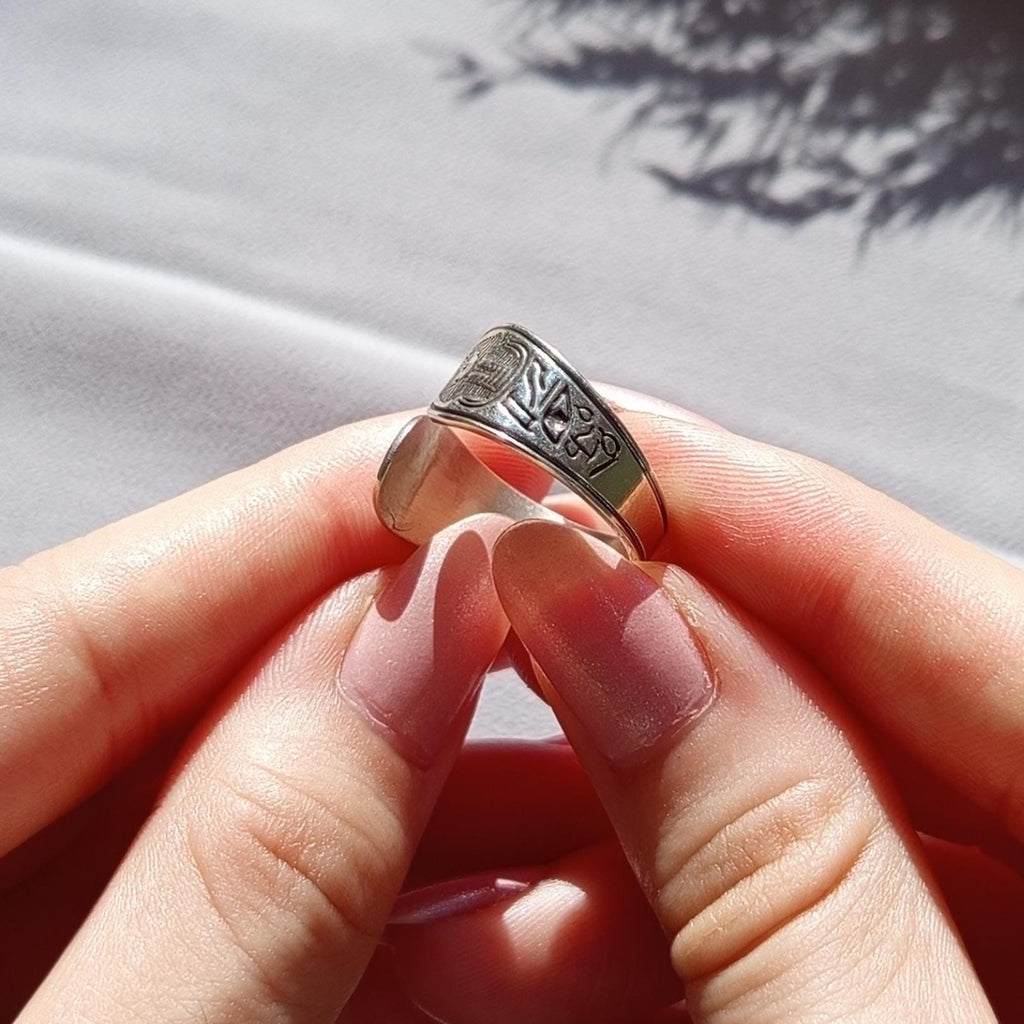 Sterling Silver Pharaoh Ring, Oxidized Hieroglyphic Design, Adjustable