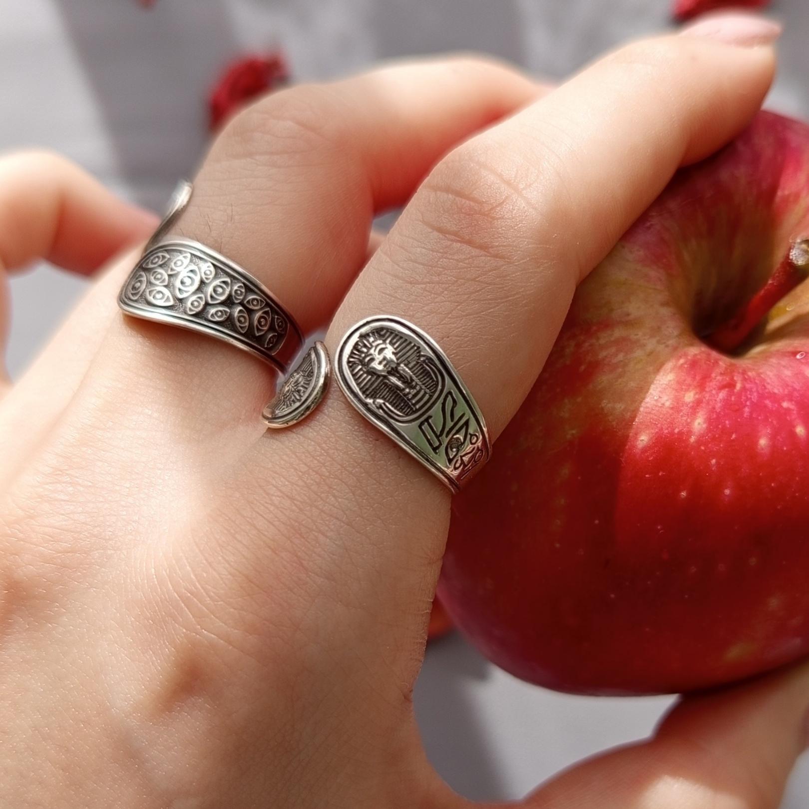 Sterling Silver Pharaoh Ring, Oxidized Hieroglyphic Design, Adjustable