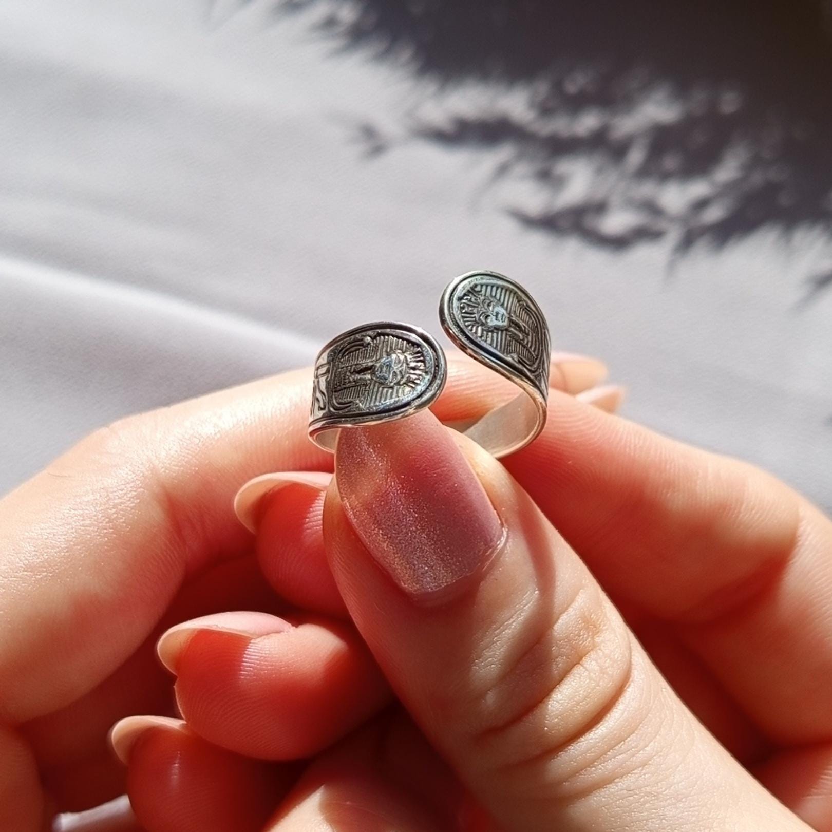 Sterling Silver Pharaoh Ring, Oxidized Hieroglyphic Design, Adjustable