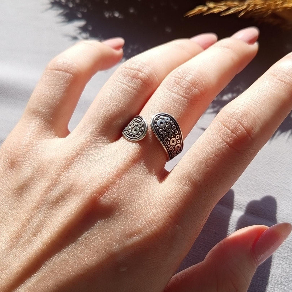 Oxidized Sterling Silver Ring - Adjustable Geometric Bohemian Design