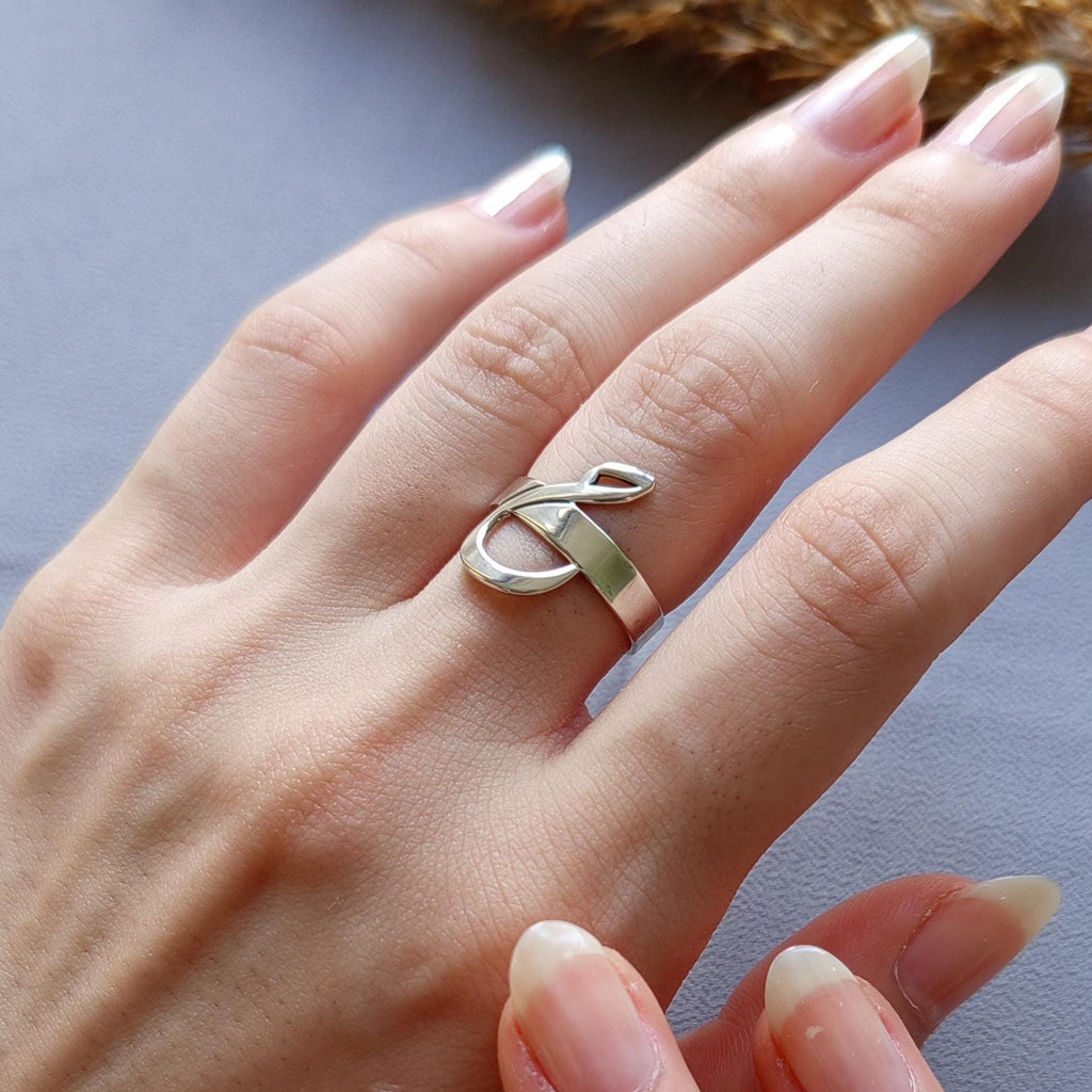 Sterling Silver Arabic Initial Ring: Minimalist Calligraphy Jewelry