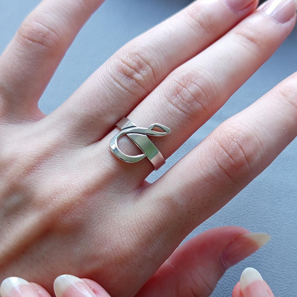 Sterling Silver Arabic Initial Ring: Minimalist Calligraphy Jewelry