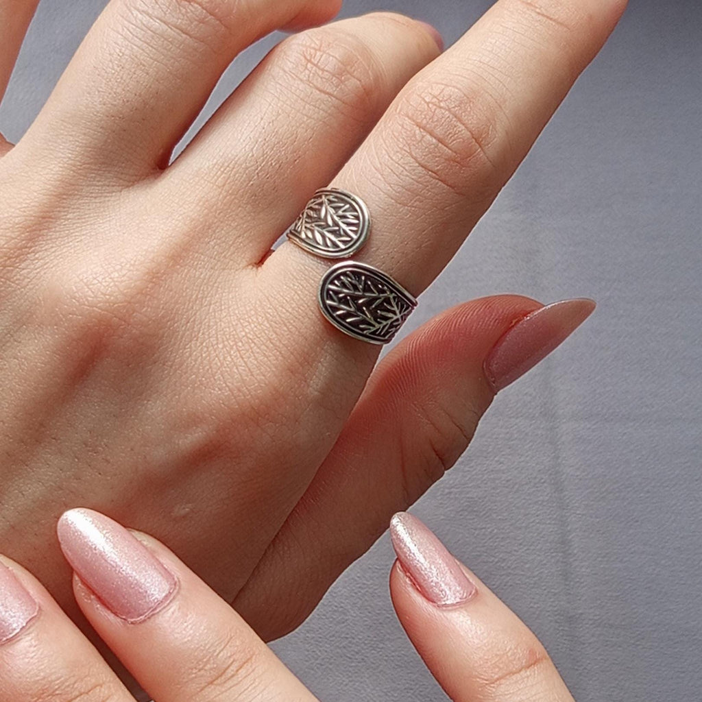 Sterling Silver Leaf Ring - Handcrafted Adjustable Botanical Jewelry