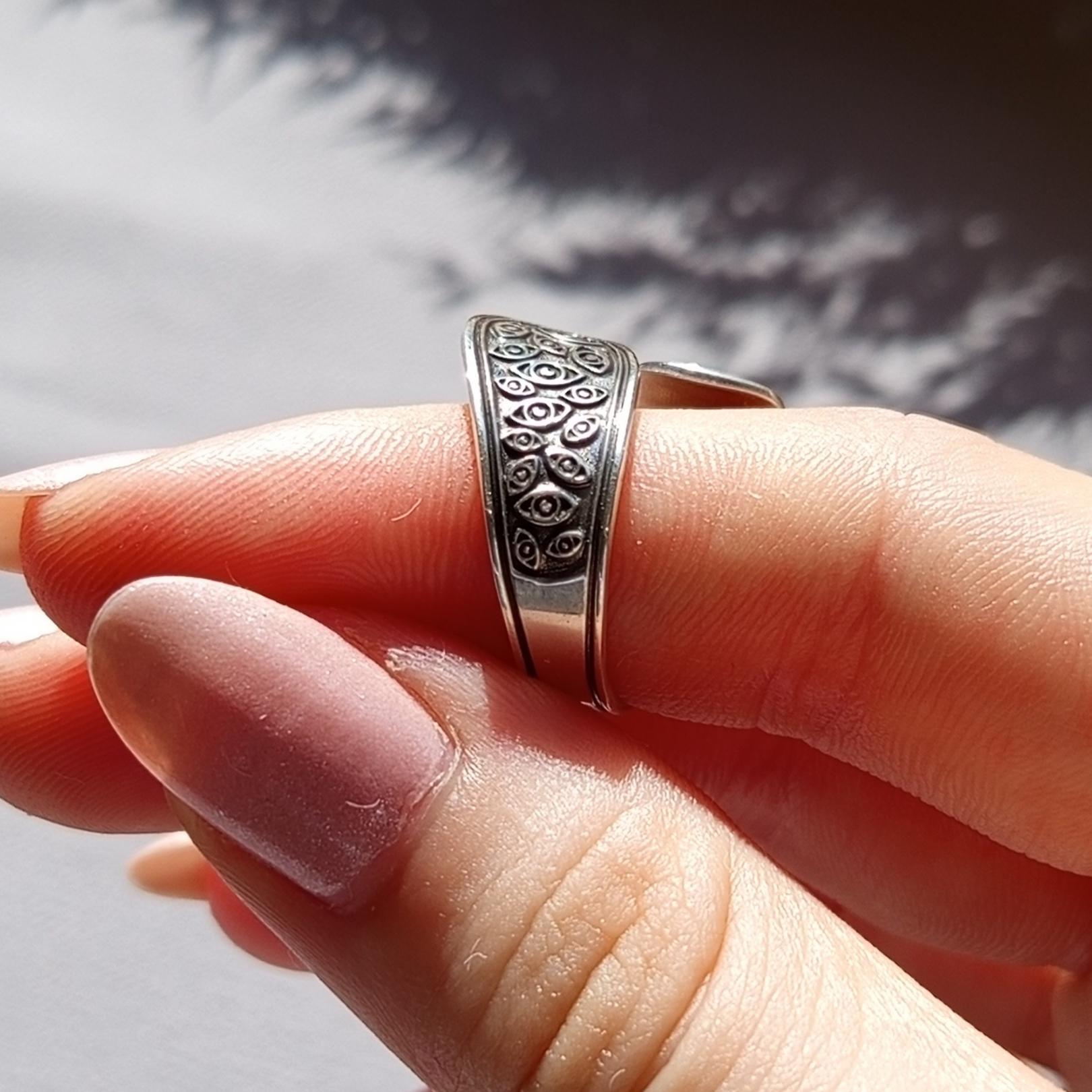 Handcrafted Sterling Silver Evil Eye Ring – Adjustable Oxidized Jewelry