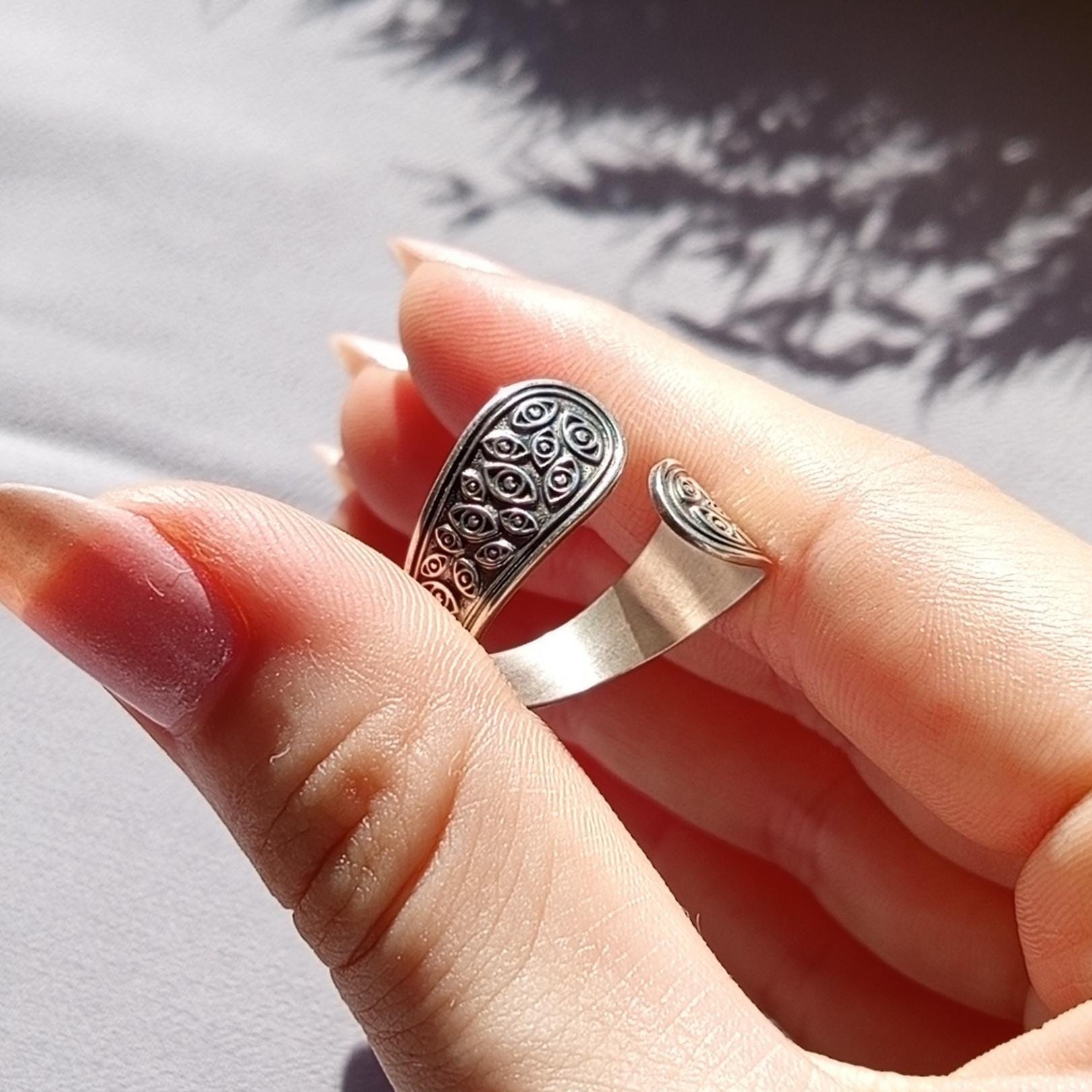 Handcrafted Sterling Silver Evil Eye Ring – Adjustable Oxidized Jewelry