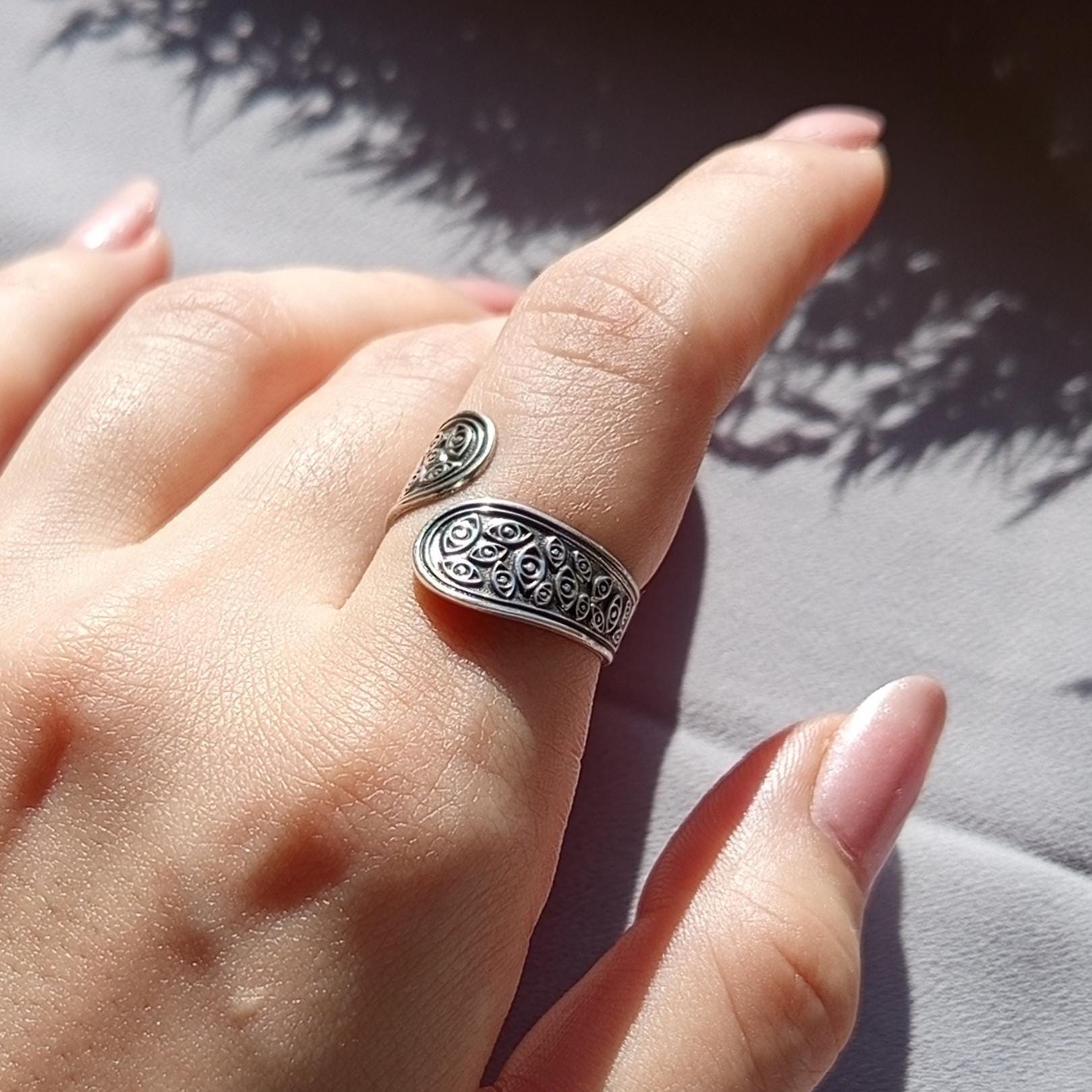 Handcrafted Sterling Silver Evil Eye Ring – Adjustable Oxidized Jewelry