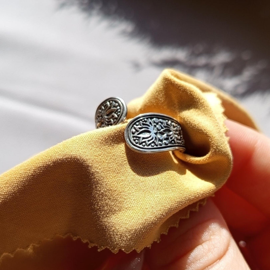 Sterling Silver Floral Ring – Engraved Botanical Adjustable Band