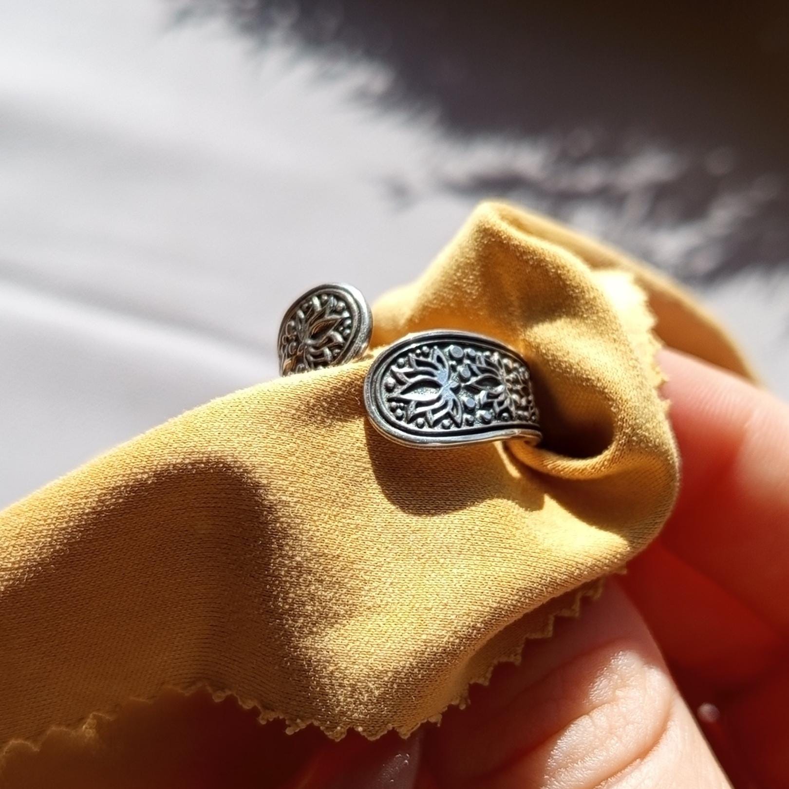Sterling Silver Floral Ring – Engraved Botanical Adjustable Band