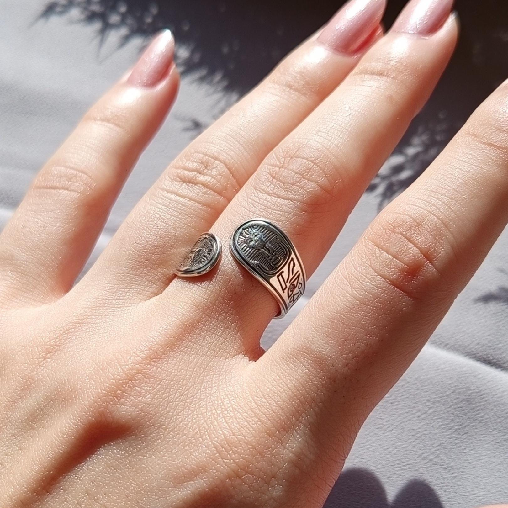 Sterling Silver Pharaoh Ring, Oxidized Hieroglyphic Design, Adjustable