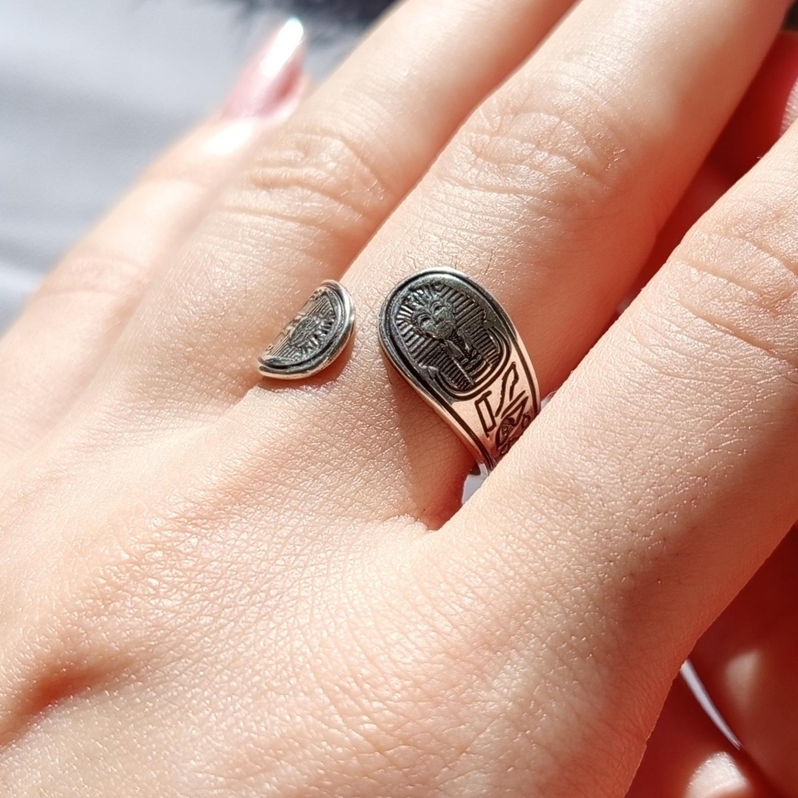 Sterling Silver Pharaoh Ring, Oxidized Hieroglyphic Design, Adjustable