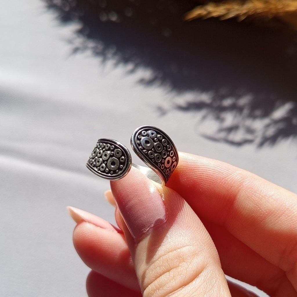 Oxidized Sterling Silver Ring - Adjustable Geometric Bohemian Design