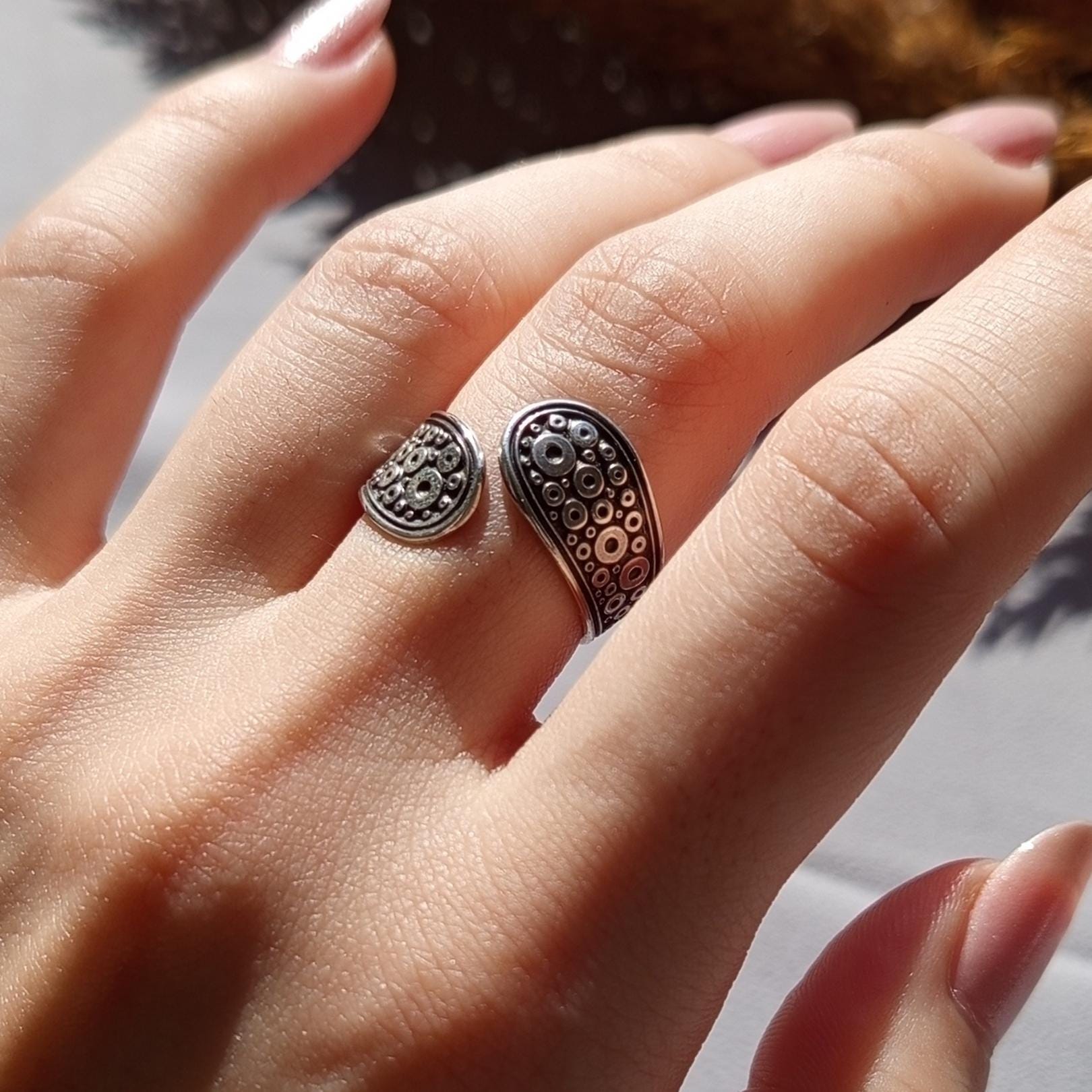 Oxidized Sterling Silver Ring - Adjustable Geometric Bohemian Design
