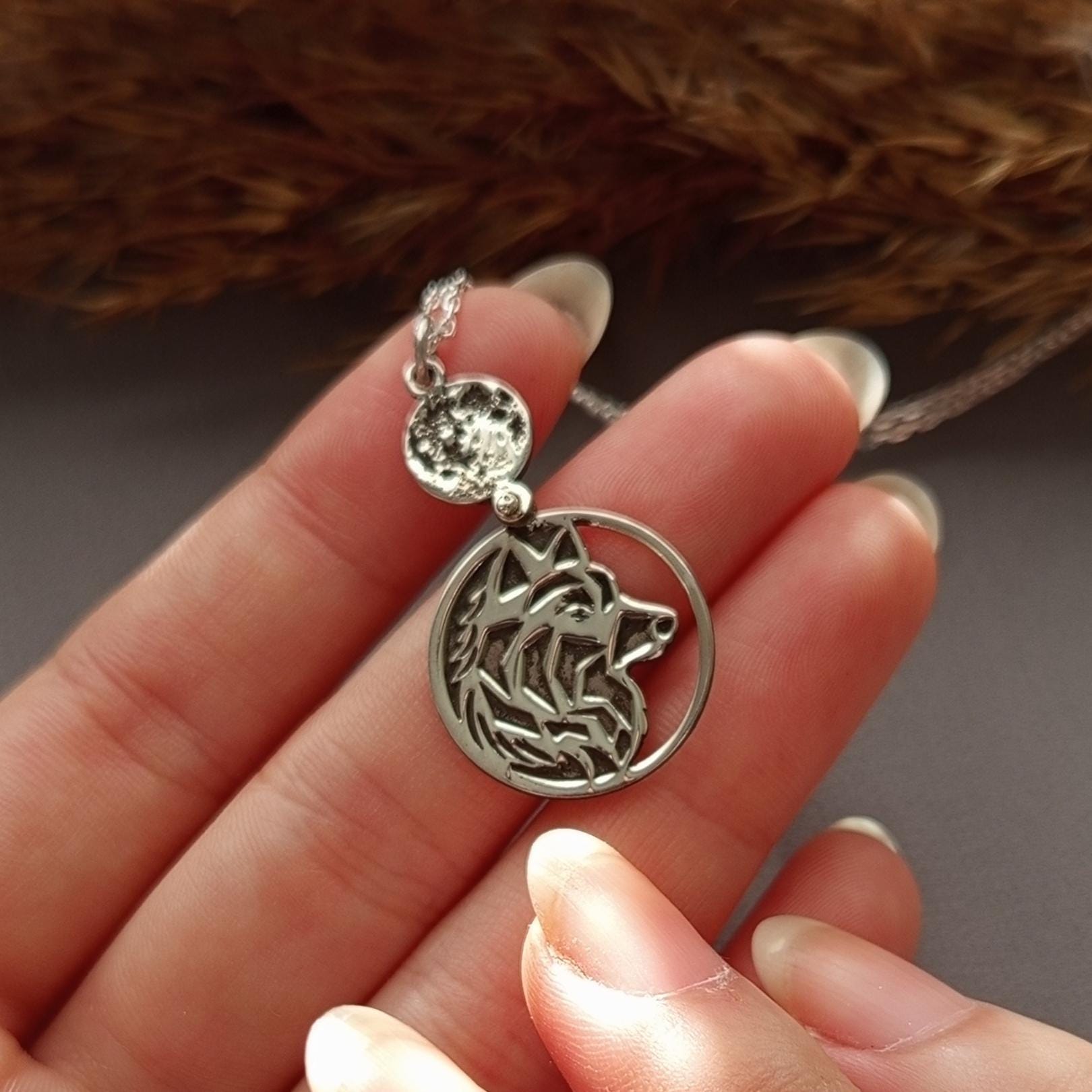 Silver Wolf Necklace with Moon – Tribal Wolf Pendant