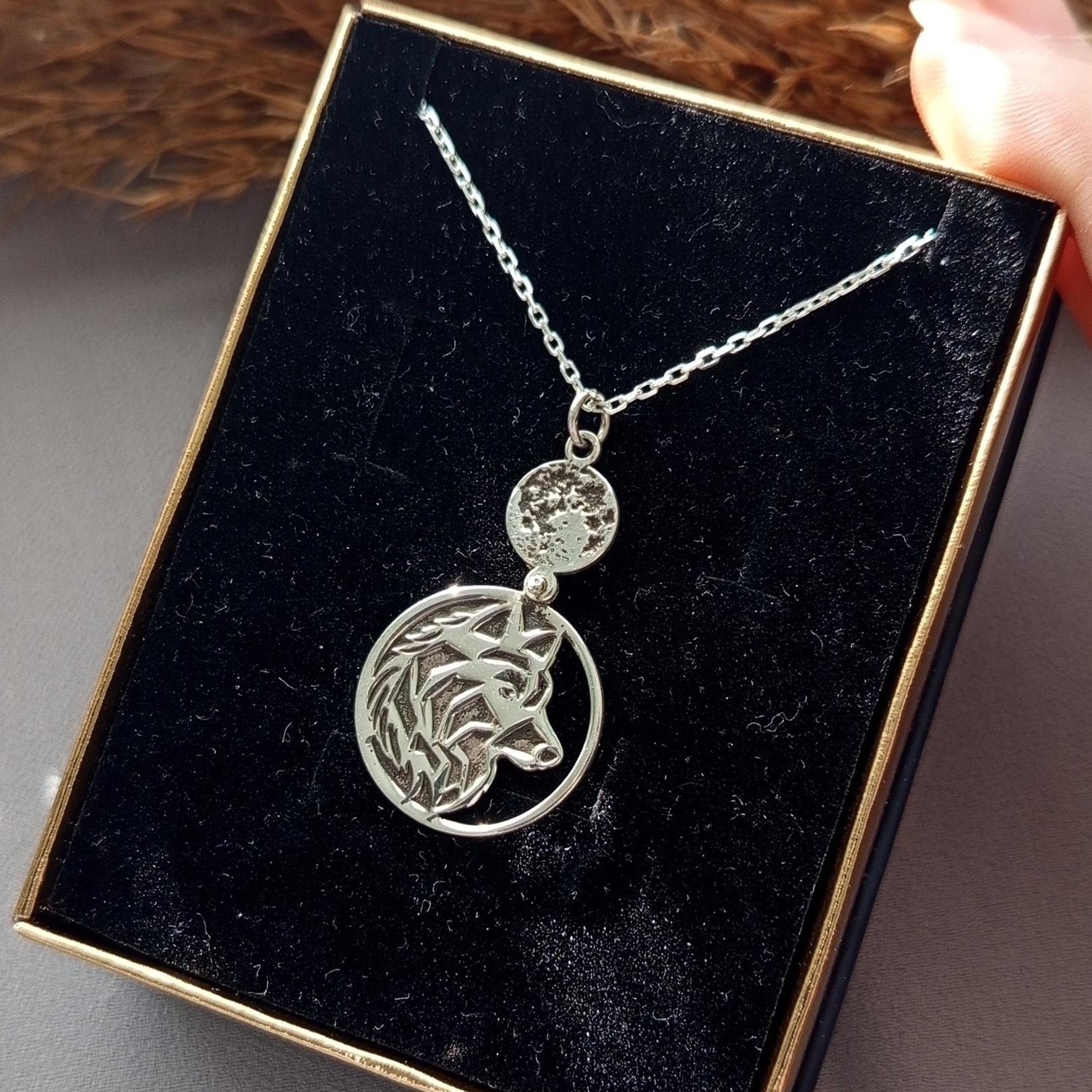Silver Wolf Necklace with Moon – Tribal Wolf Pendant