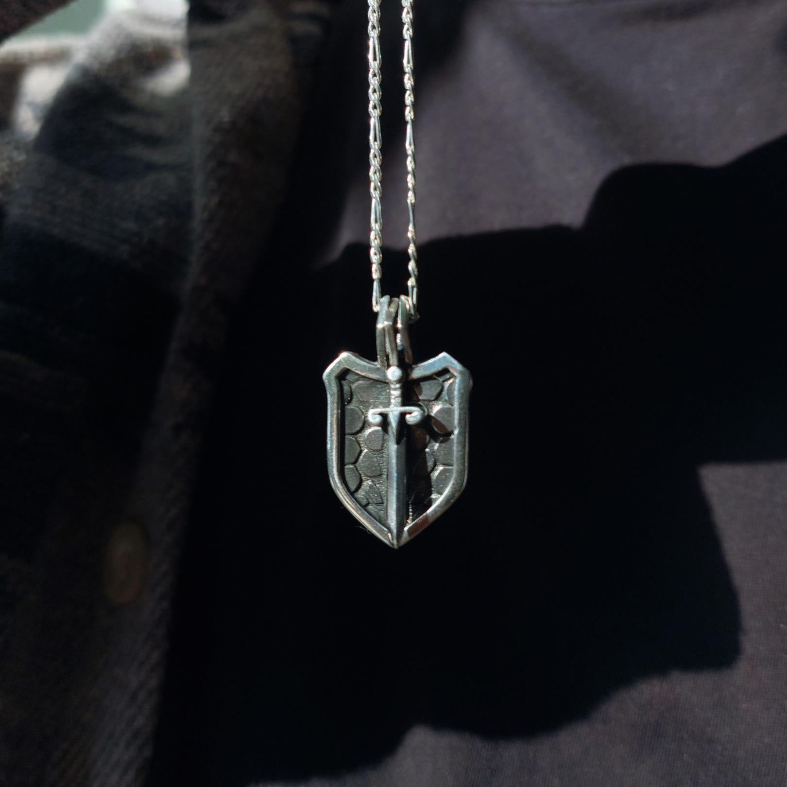 Men’s Shield and Sword Silver Pendant Necklace