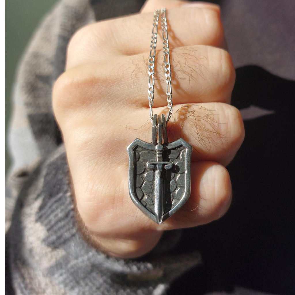 Men’s Shield and Sword Silver Pendant Necklace