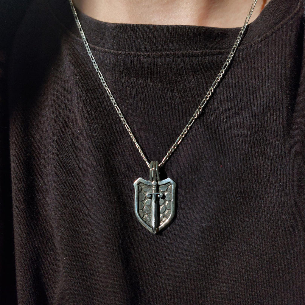 Men’s Shield and Sword Silver Pendant Necklace