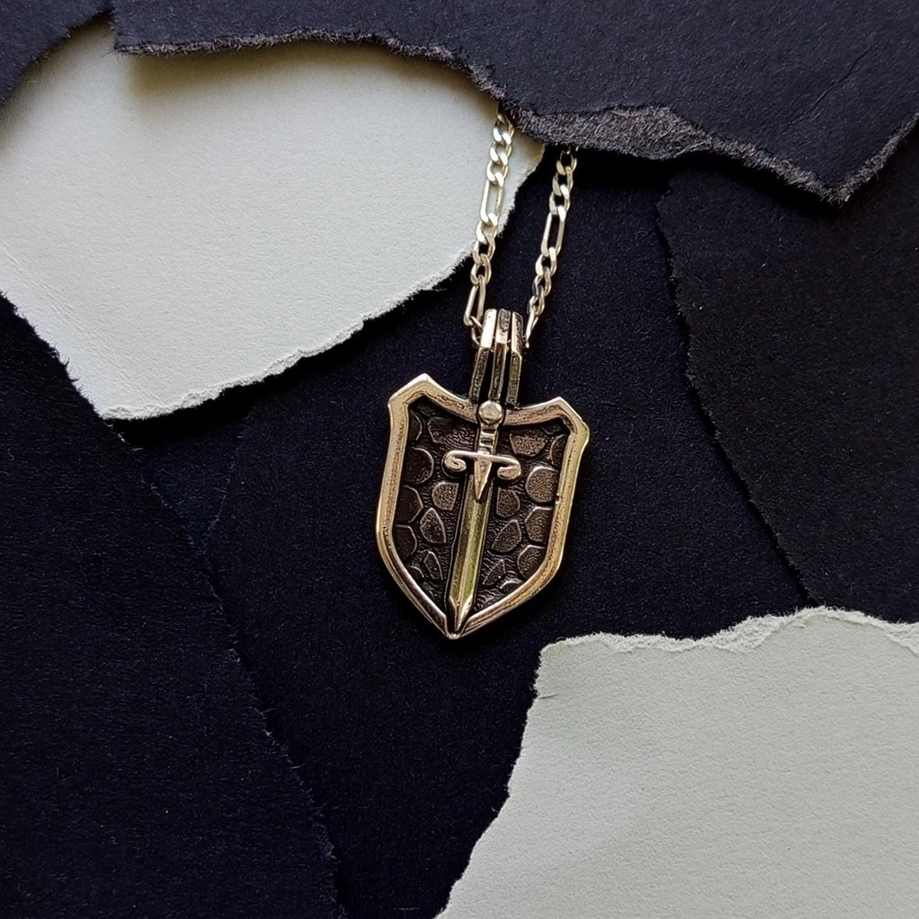 Men’s Shield and Sword Silver Pendant Necklace
