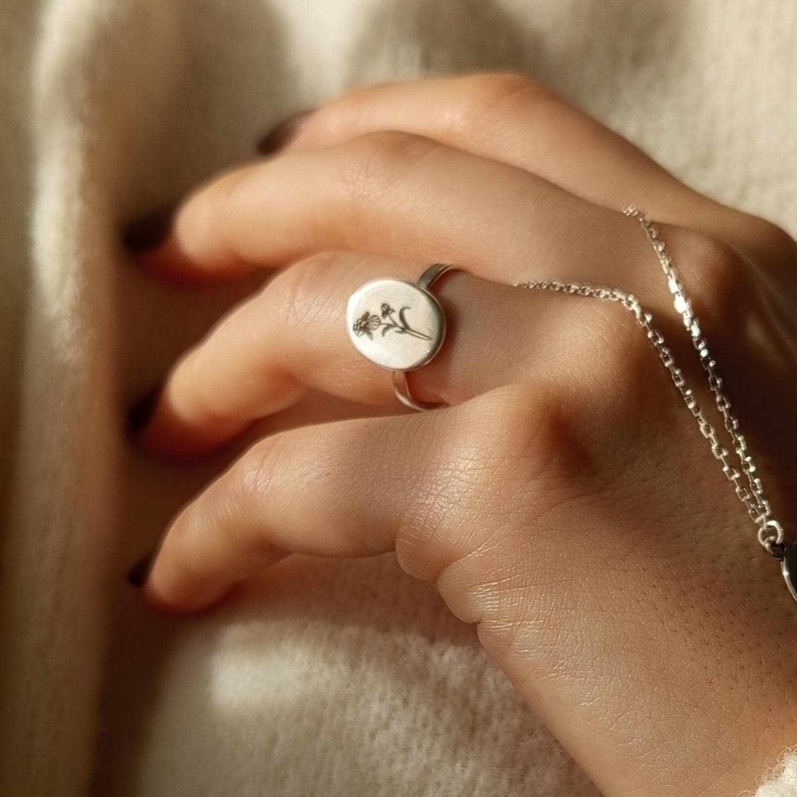 Personalized Sterling Silver Birth Flower Signet Ring - Floral Engraved