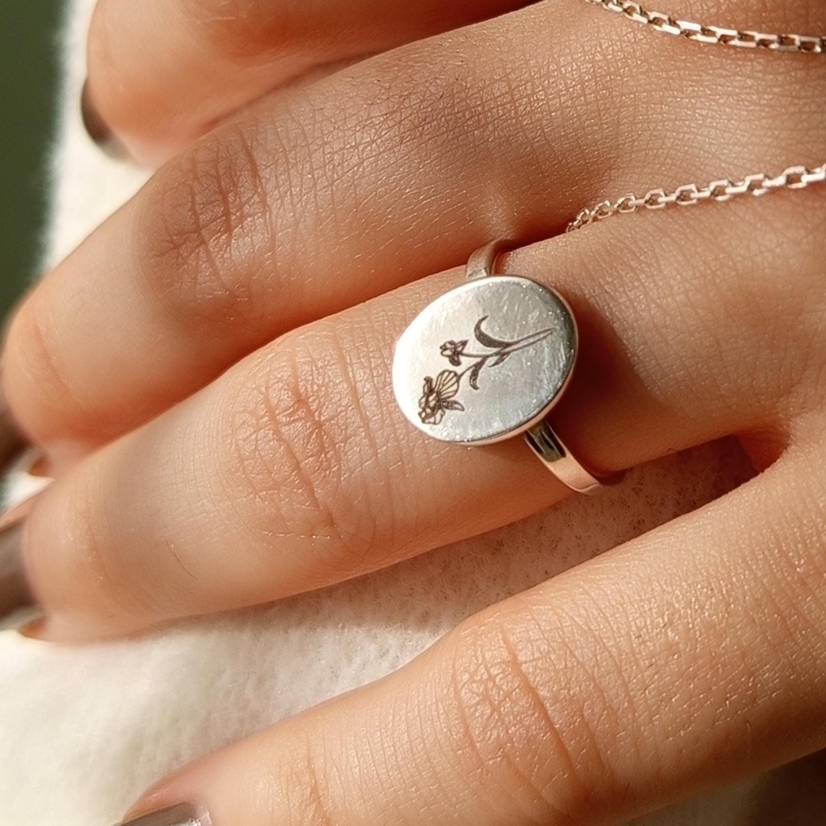 Personalized Sterling Silver Birth Flower Signet Ring - Floral Engraved