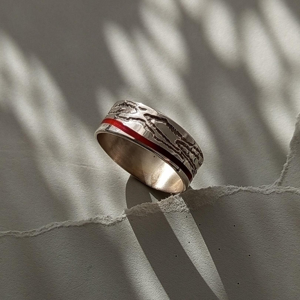 Sterling Silver Unisex Ring with Red or Blue Enamel – Minimal Band Ring, Everyday Jewelry