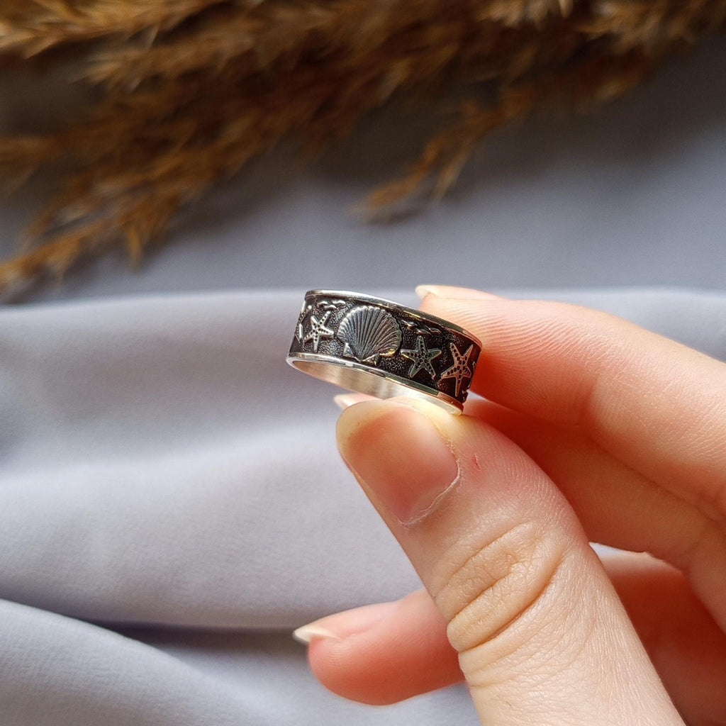 Sterling Silver Starfish & Seashell Ring – Ocean Inspired Band Ring, Handmade Silver Ring