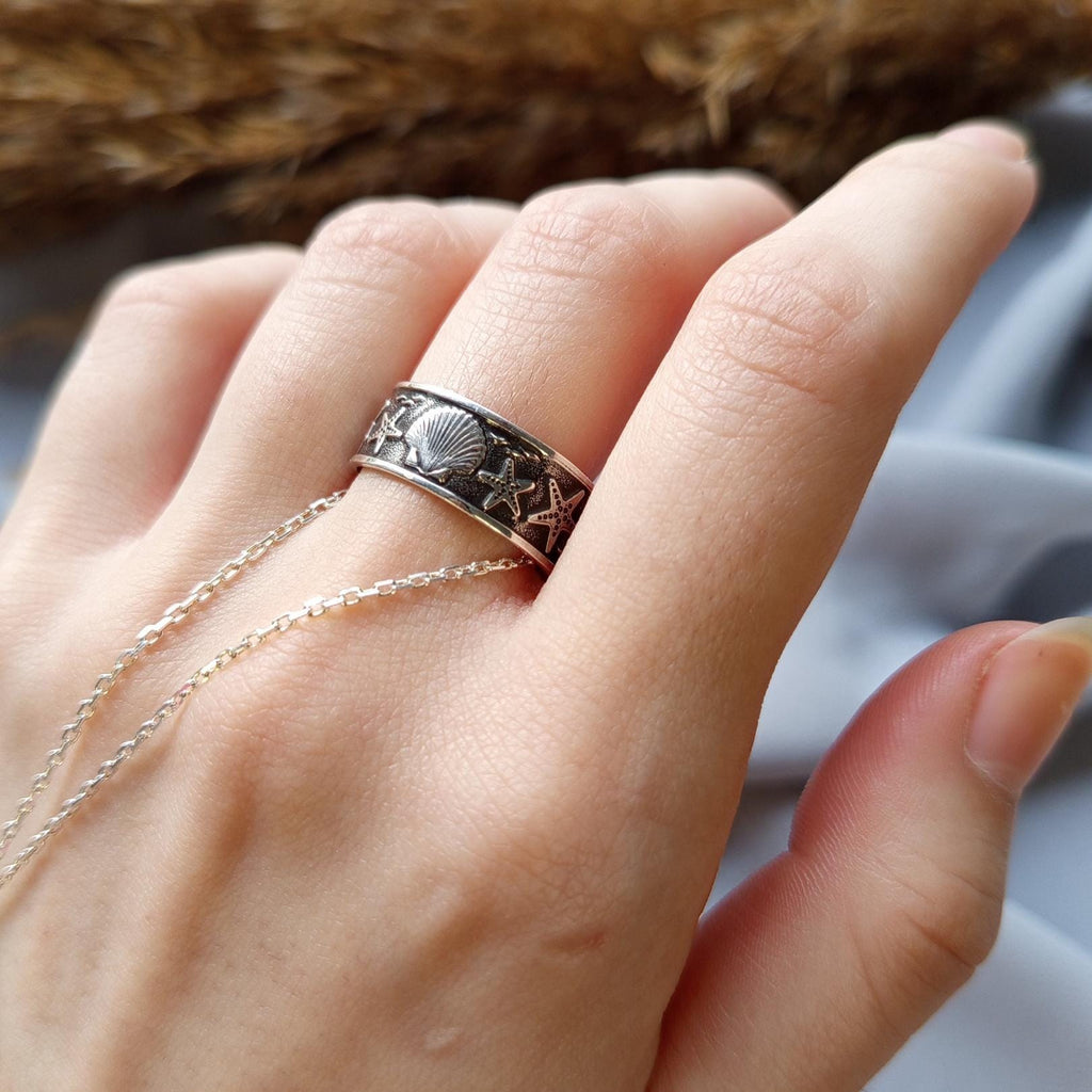Sterling Silver Starfish & Seashell Ring – Ocean Inspired Band Ring, Handmade Silver Ring