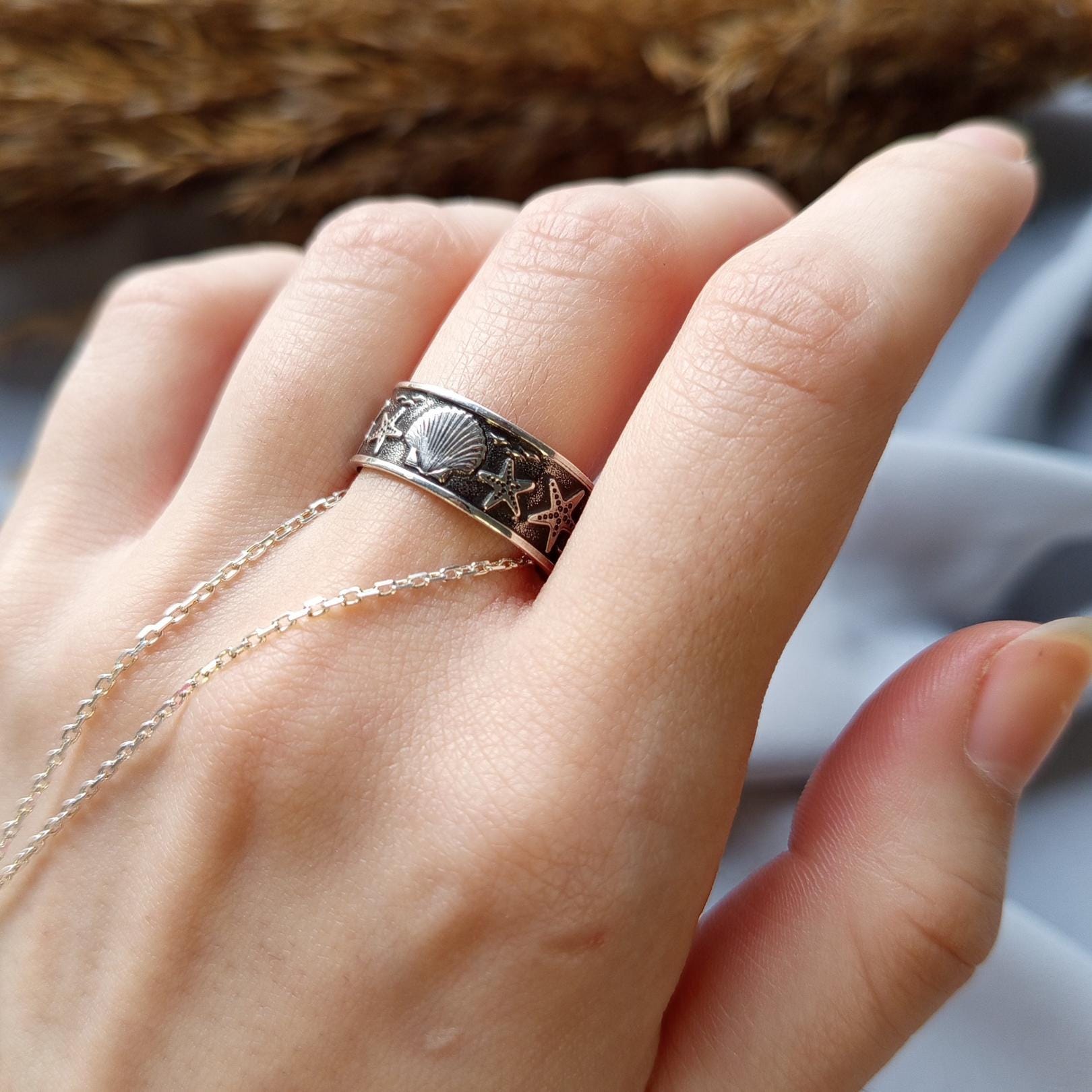 Sterling Silver Starfish & Seashell Ring – Ocean Inspired Band Ring, Handmade Silver Ring