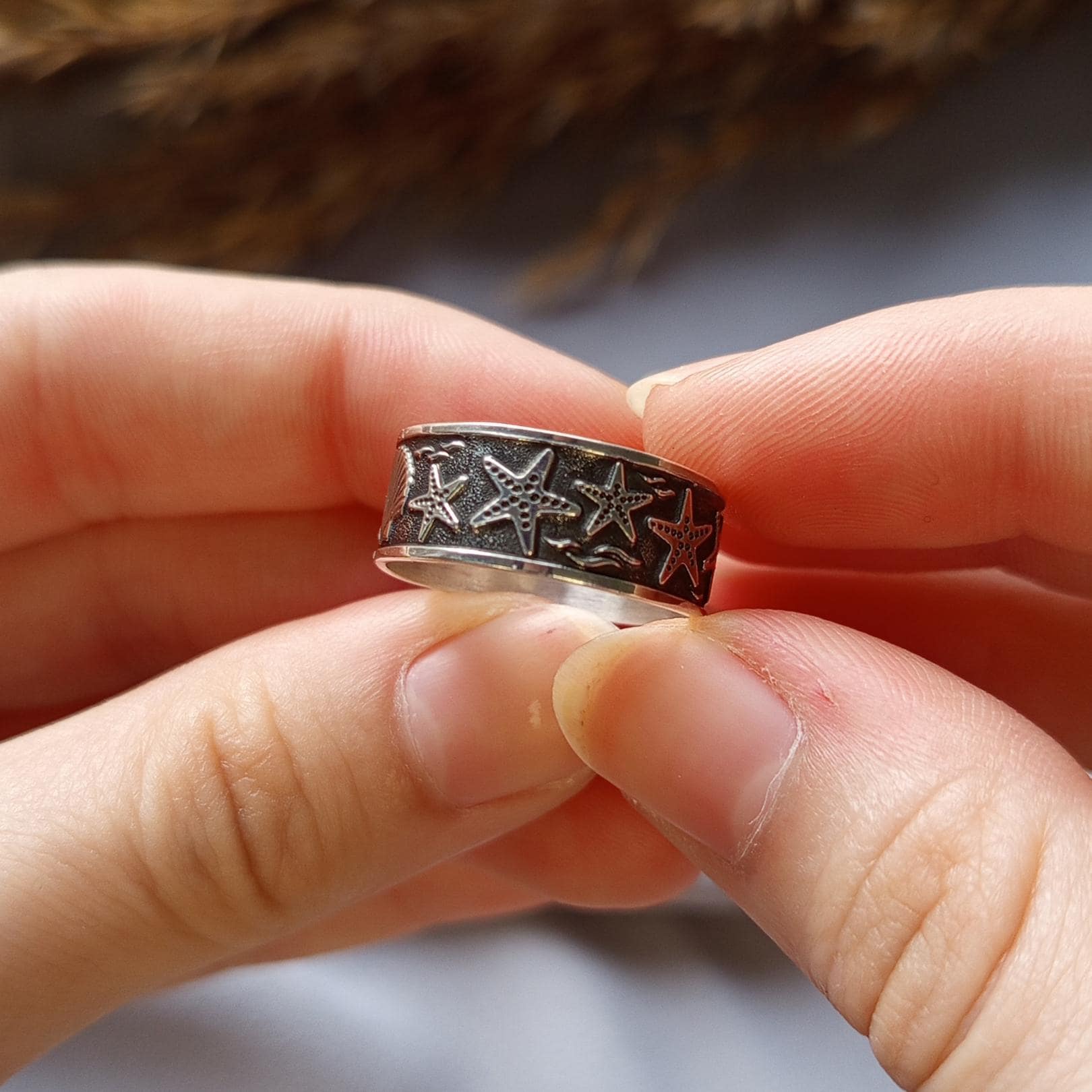 Sterling Silver Starfish & Seashell Ring – Ocean Inspired Band Ring, Handmade Silver Ring