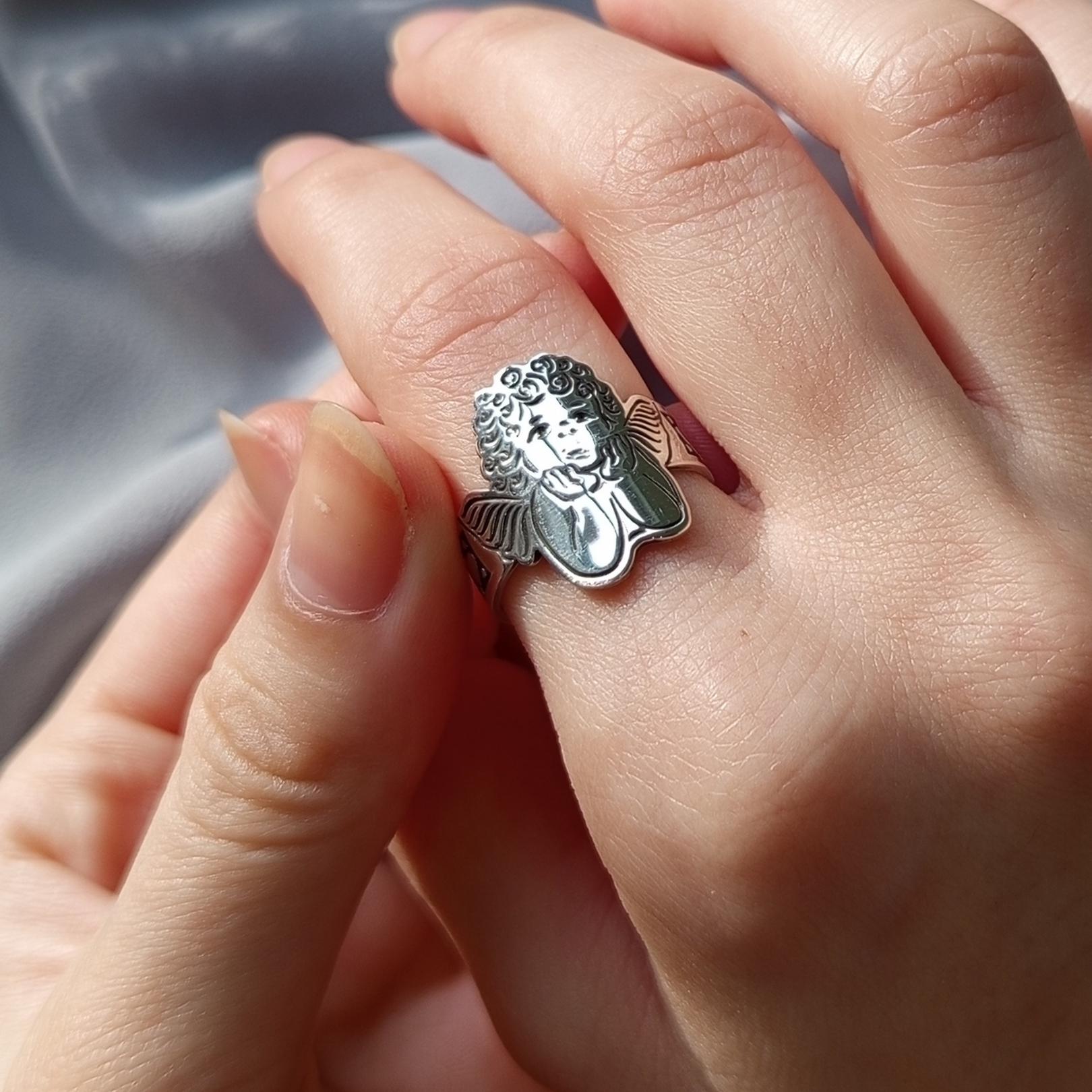 Sterling Silver Cherub Angel Ring – Vintage Inspired Guardian Band, Custom Sized, Gift For Her