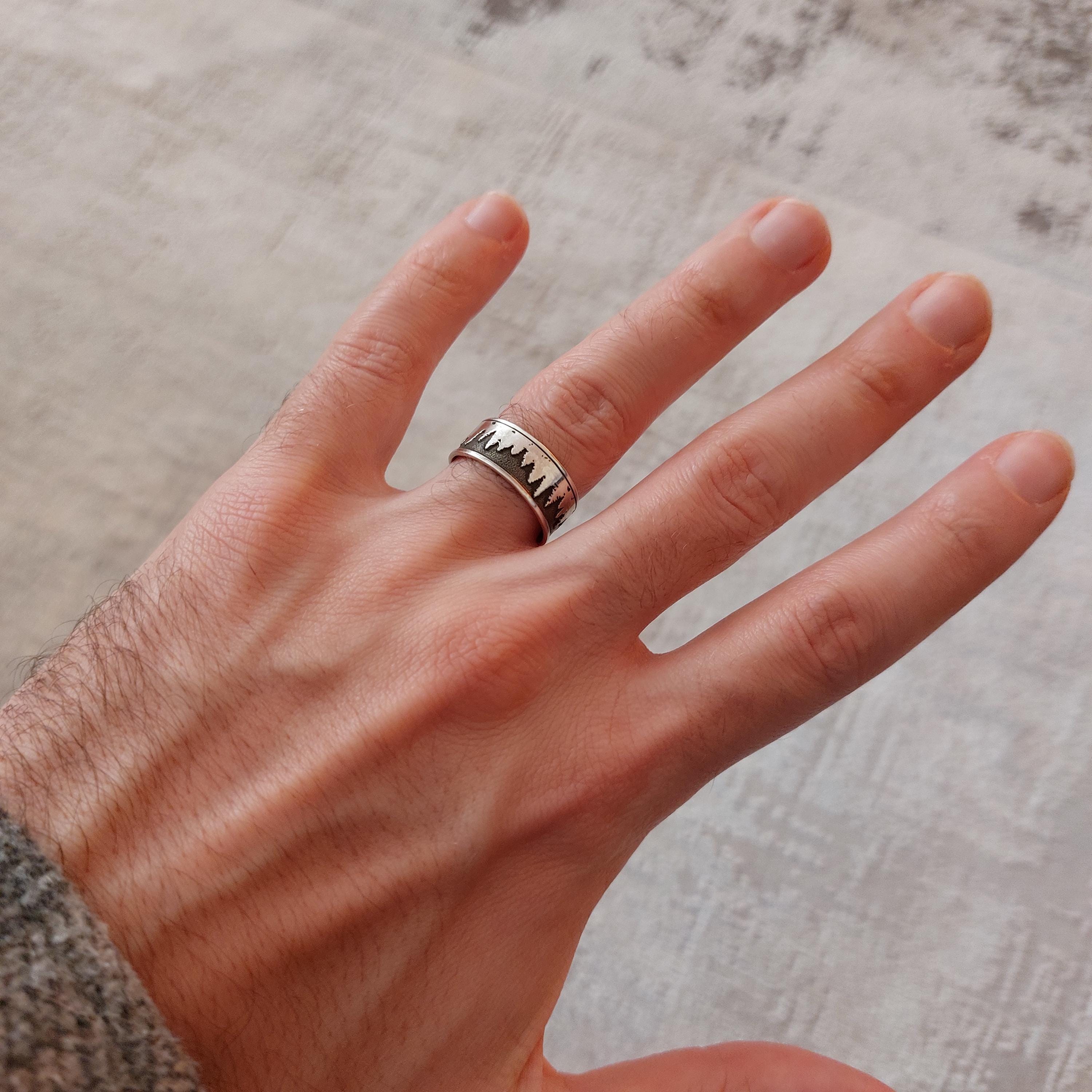 Sterling Silver Mountain and Trees Ring – Unisex Nature Landscape Band, Minimalist Forest Ring