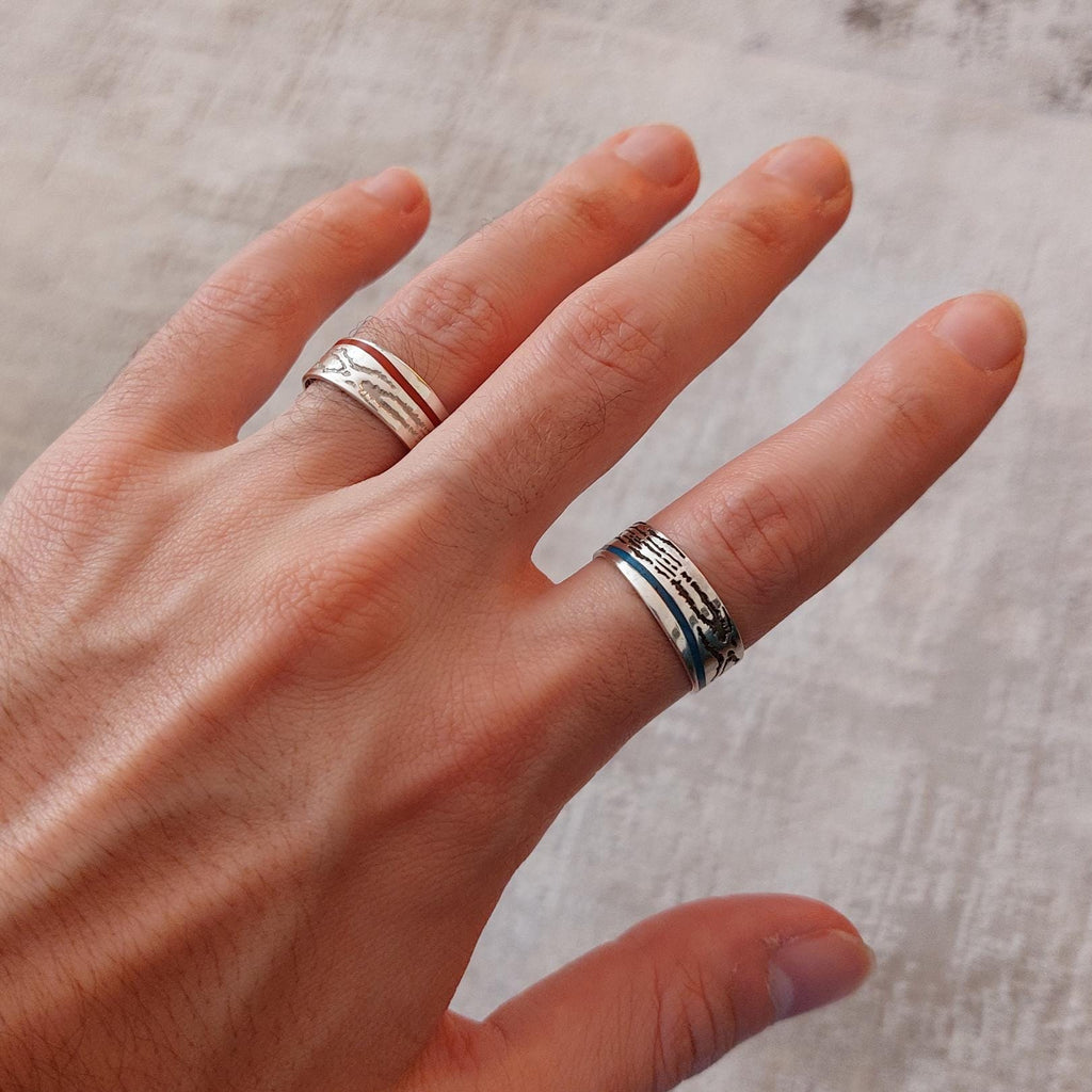 Sterling Silver Unisex Ring with Red or Blue Enamel – Minimal Band Ring, Everyday Jewelry
